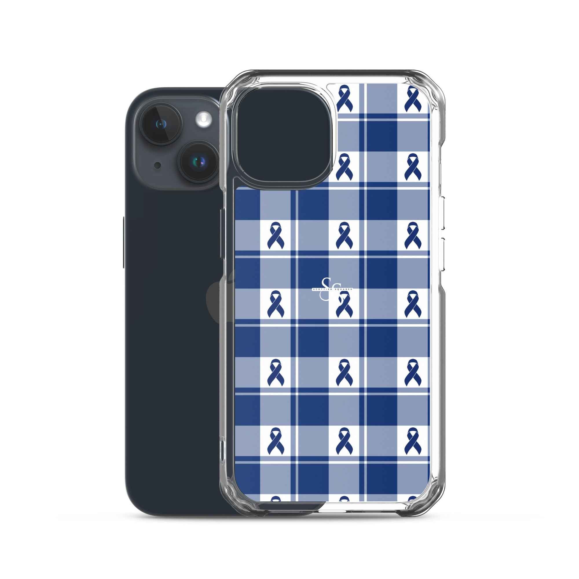 Clear Case for iPhone Colorectal Cancer Awareness Plaid, Dark Blue Ribbon, Supportive Gift - Scottish Squares