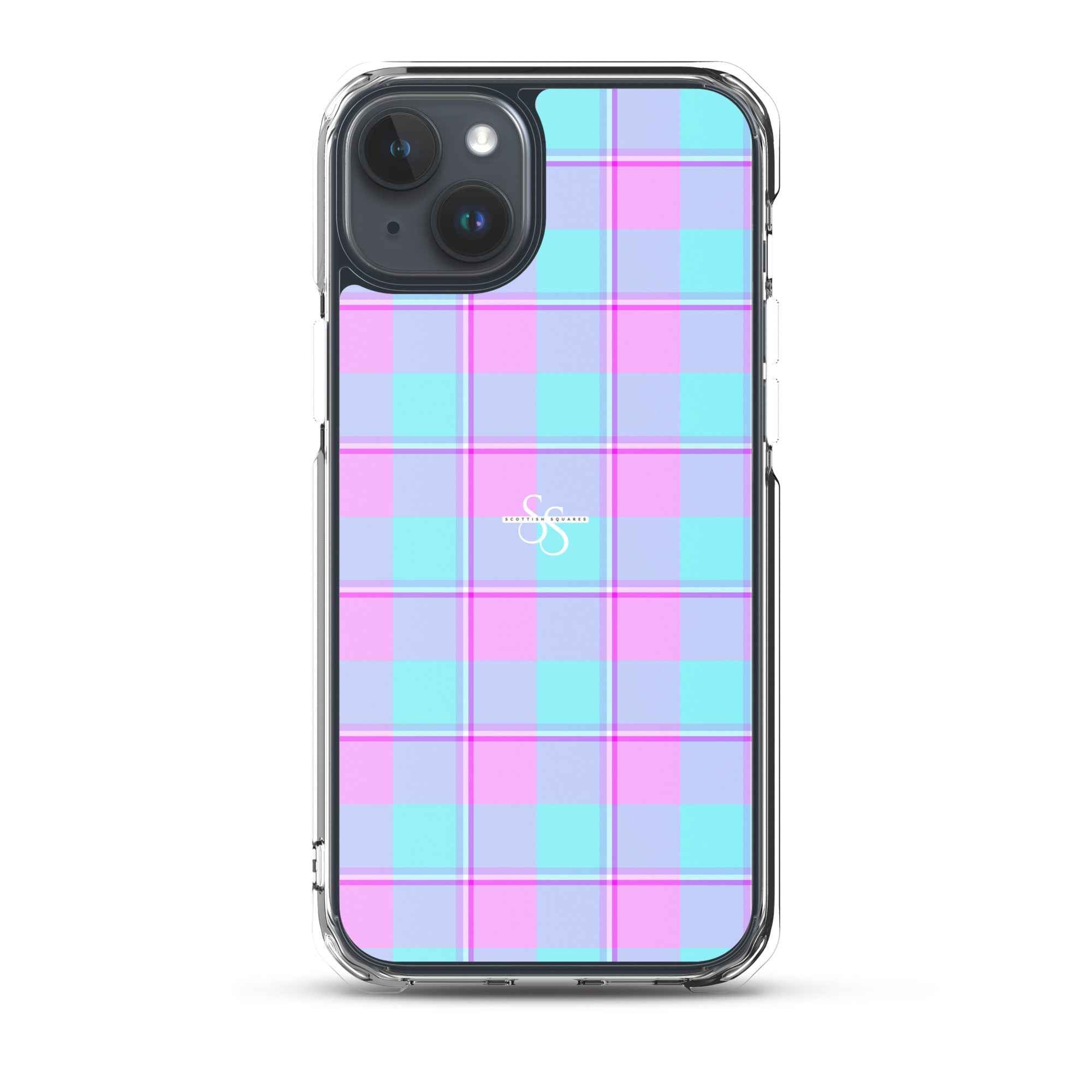 Clear Case for iPhone Mauve and Coastal Mist Plaid iPhone 15 Plus - Scottish Squares