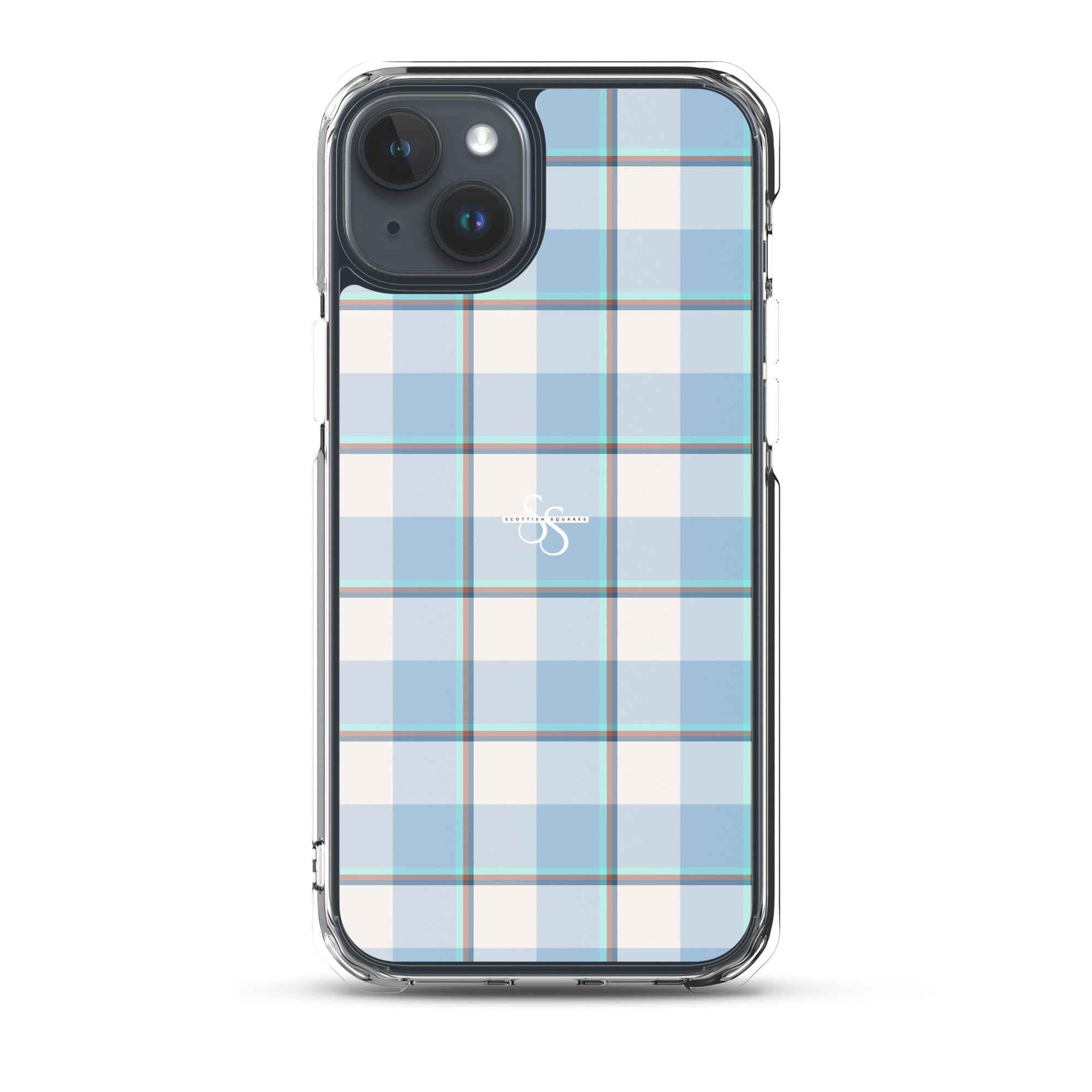Clear Case for iPhone Pink Cloud and Blue Lagoon Plaid iPhone 15 Plus - Scottish Squares