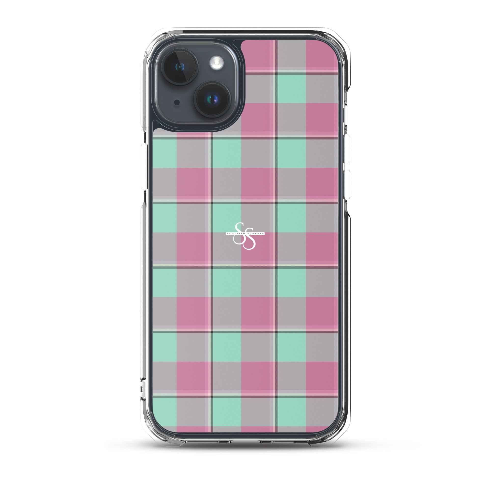 Clear Case for iPhone Vista Blue and Turkish Rose Plaid iPhone 15 Plus - Scottish Squares
