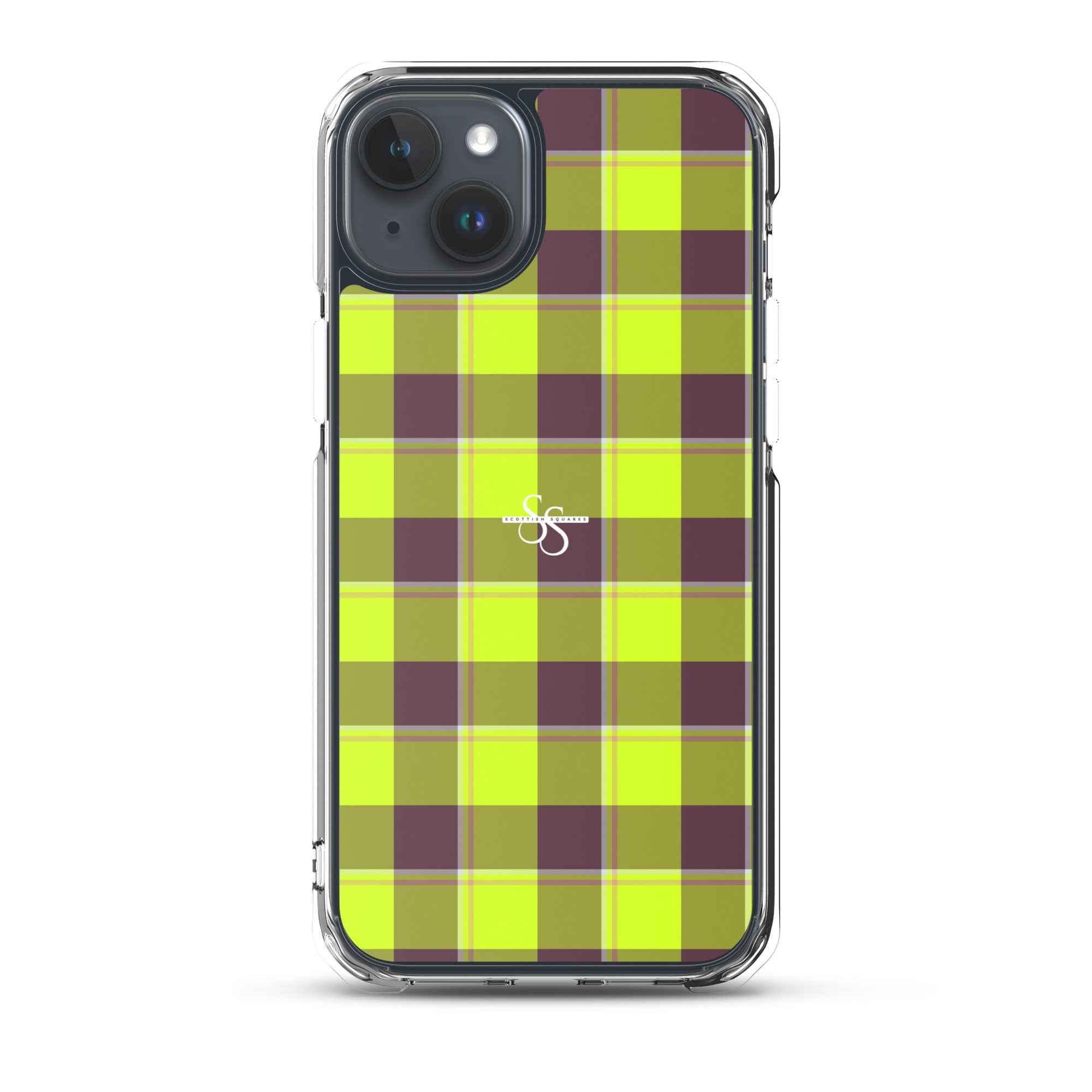 Clear Case for iPhone Electric Lime and Livid Brown Plaid iPhone 15 Plus - Scottish Squares