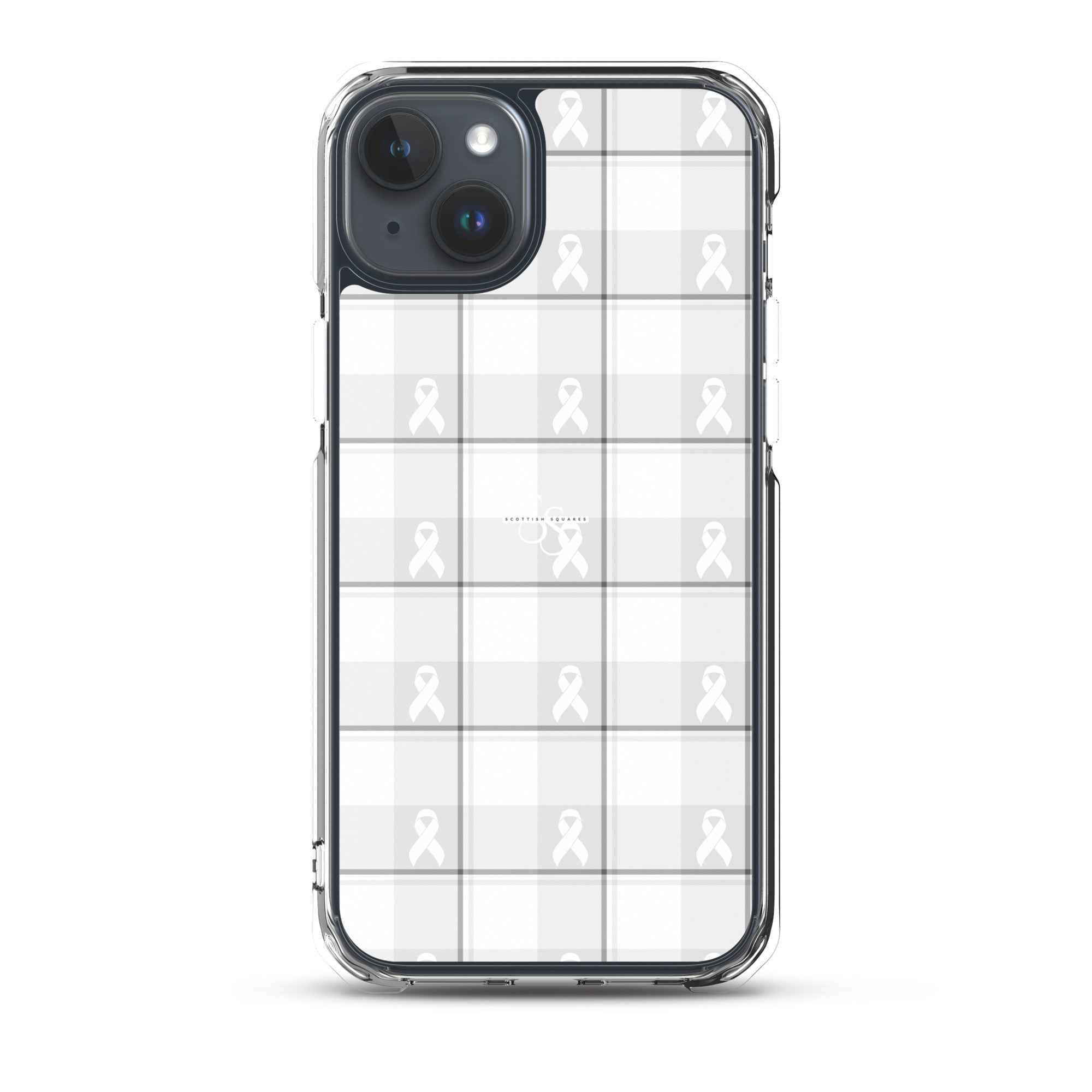 Clear Case for iPhone Lung Cancer Awareness Plaid, White Ribbon, Supportive Gift iPhone 15 Plus - Scottish Squares