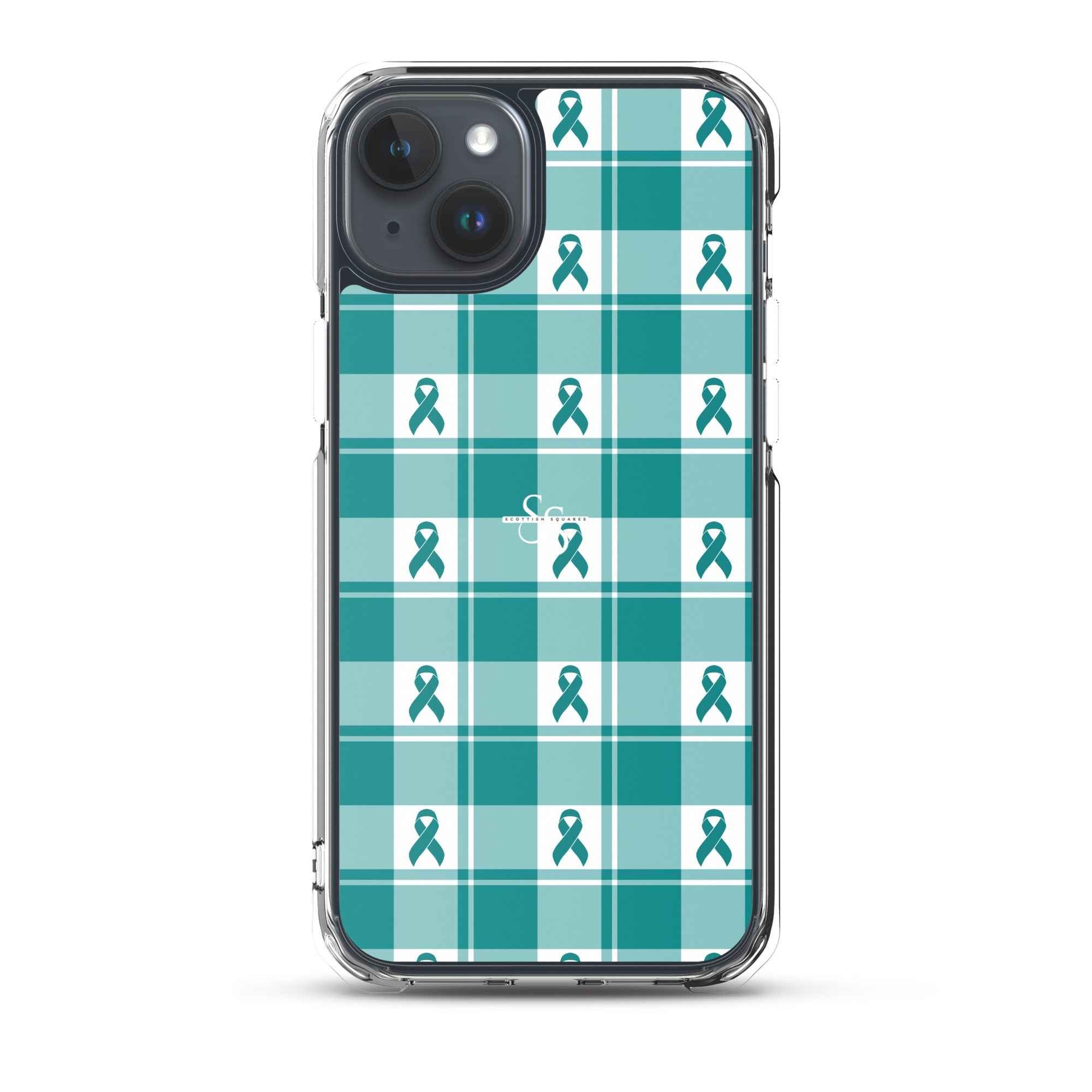 Clear Case for iPhone Cervical Cancer Awareness Plaid, Teal Ribbon, Supportive Gift iPhone 15 Plus - Scottish Squares