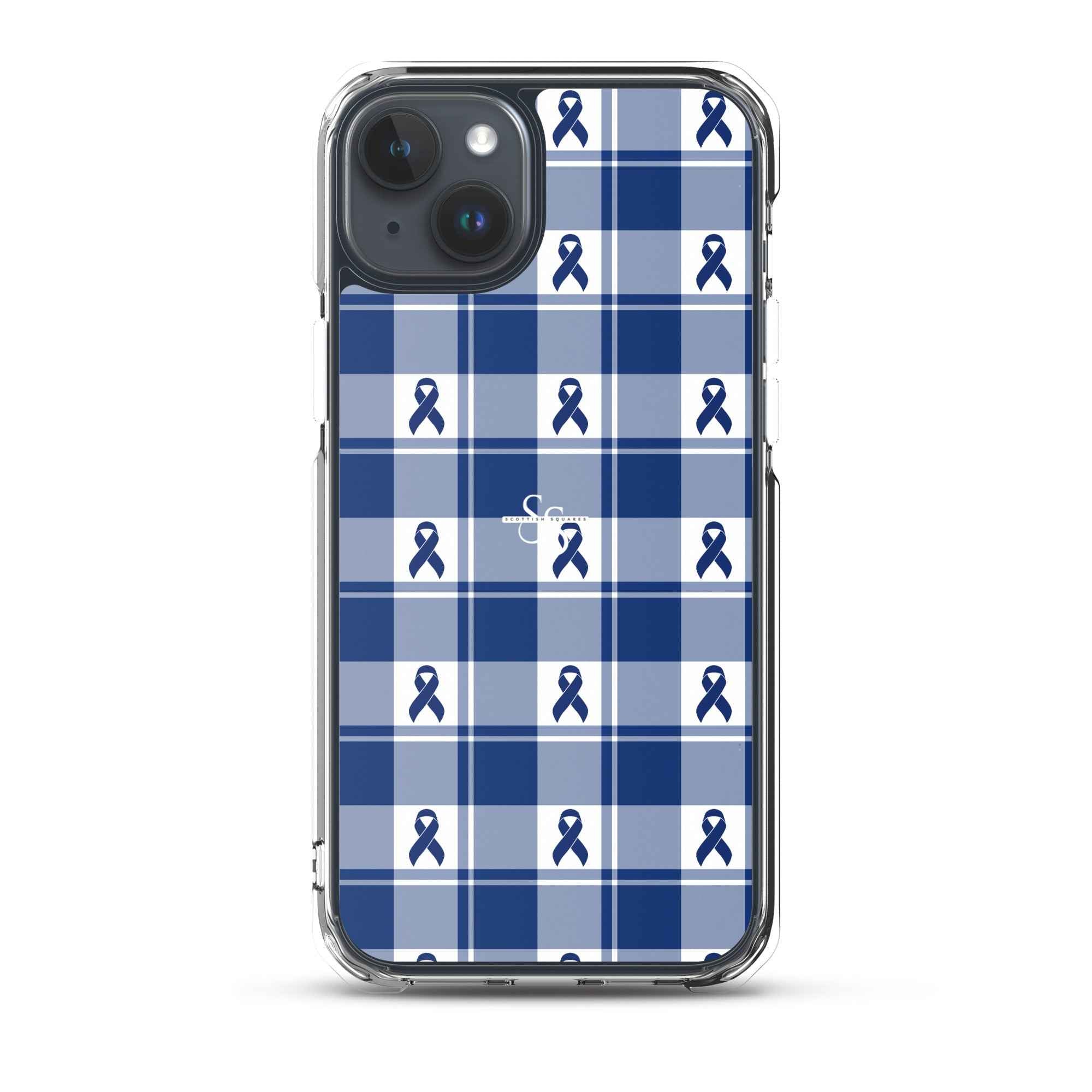 Clear Case for iPhone Colorectal Cancer Awareness Plaid, Dark Blue Ribbon, Supportive Gift iPhone 15 Plus - Scottish Squares