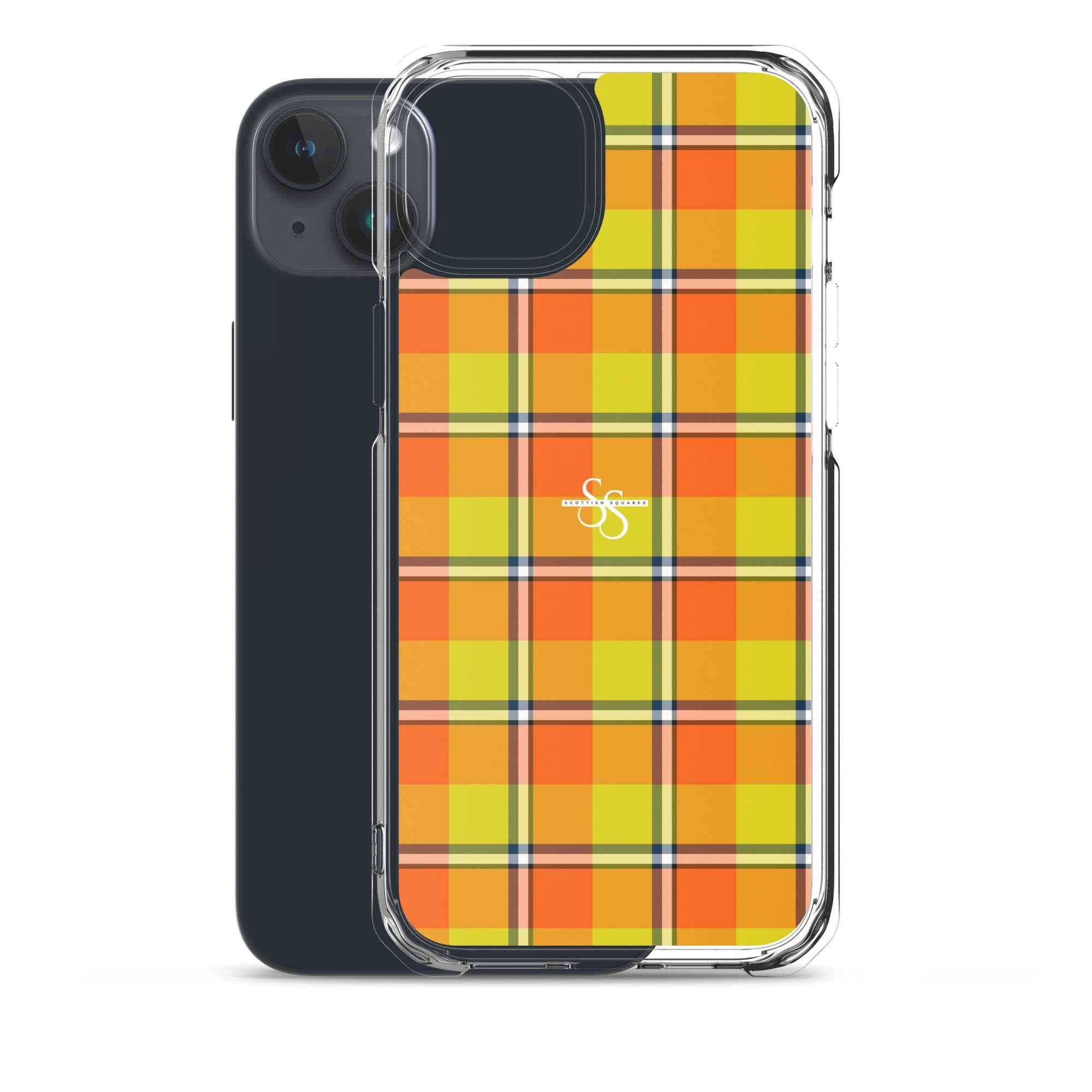 Clear Case for iPhone Blaze Orange and Bird Flower Plaid - Scottish Squares