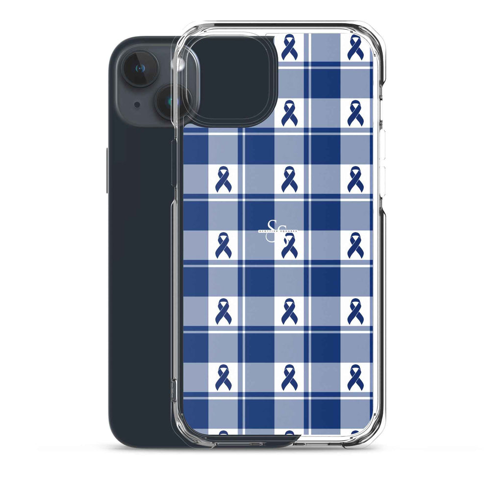 Clear Case for iPhone Colorectal Cancer Awareness Plaid, Dark Blue Ribbon, Supportive Gift - Scottish Squares