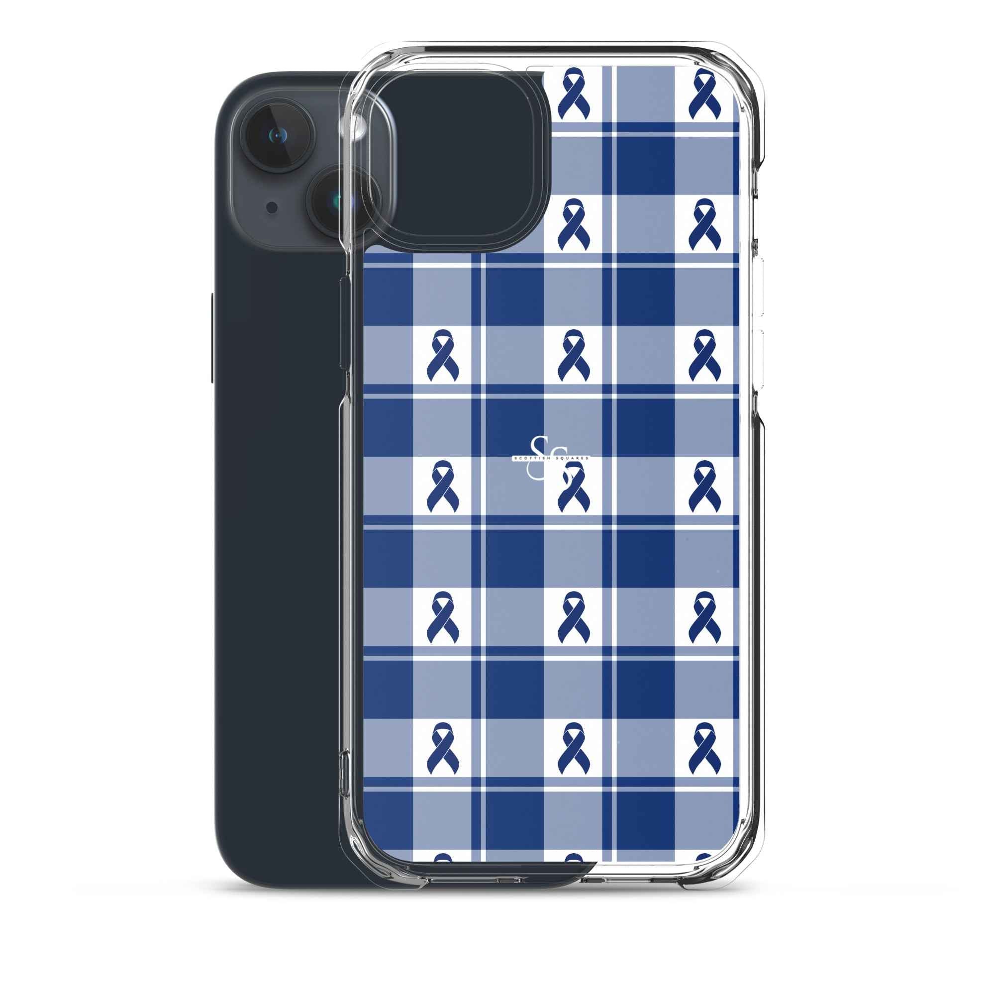Clear Case for iPhone Colorectal Cancer Awareness Plaid, Dark Blue Ribbon, Supportive Gift - Scottish Squares