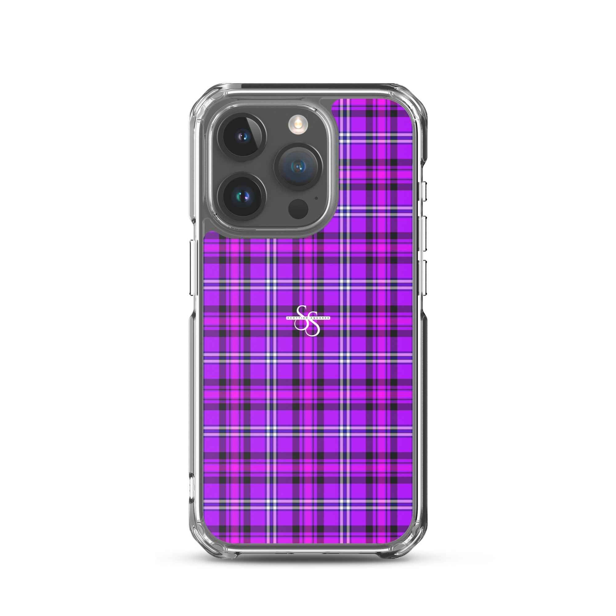 Clear Case for iPhone Electric Violet and Fuchsia Plaid iPhone 15 Pro - Scottish Squares