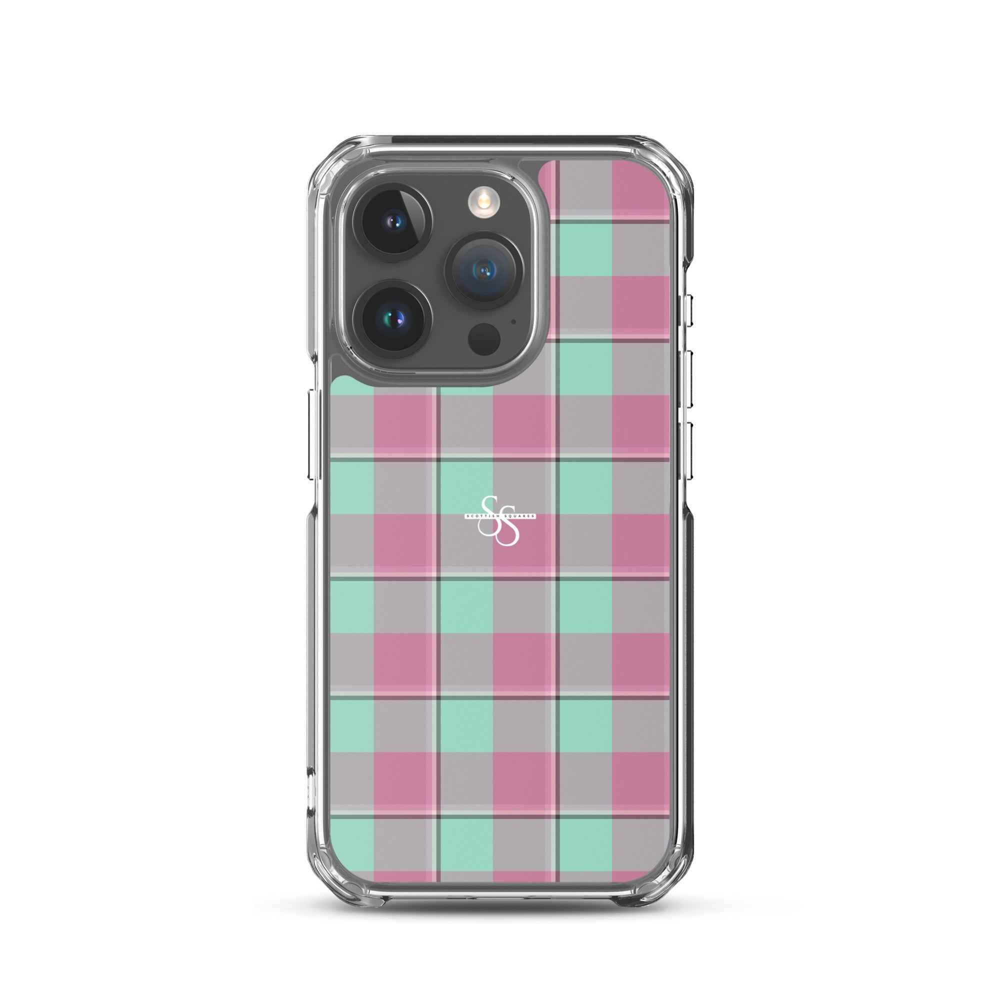 Clear Case for iPhone Vista Blue and Turkish Rose Plaid iPhone 15 Pro - Scottish Squares