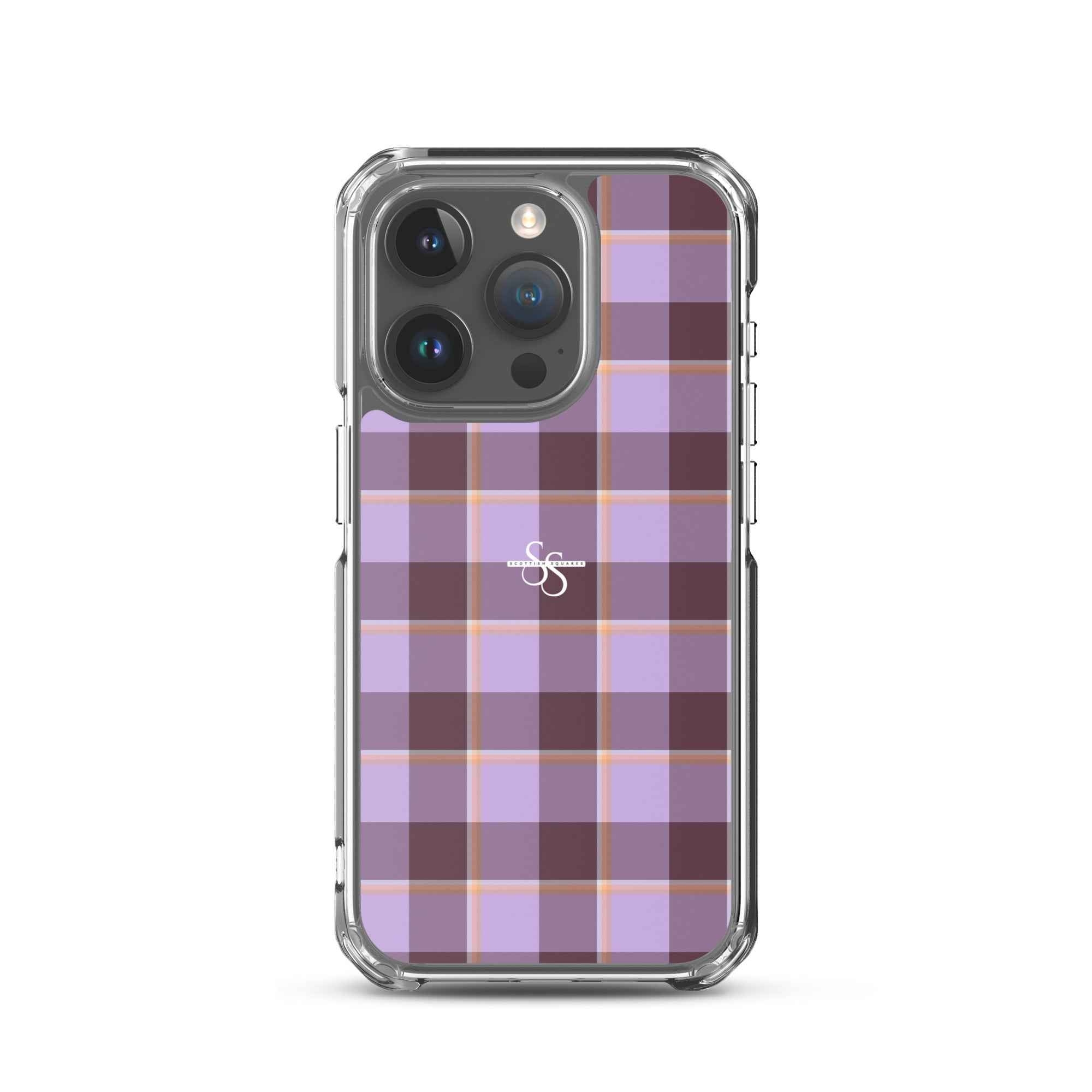 Clear Case for iPhone Light Wisteria and Livid Brown Plaid iPhone 15 Pro - Scottish Squares
