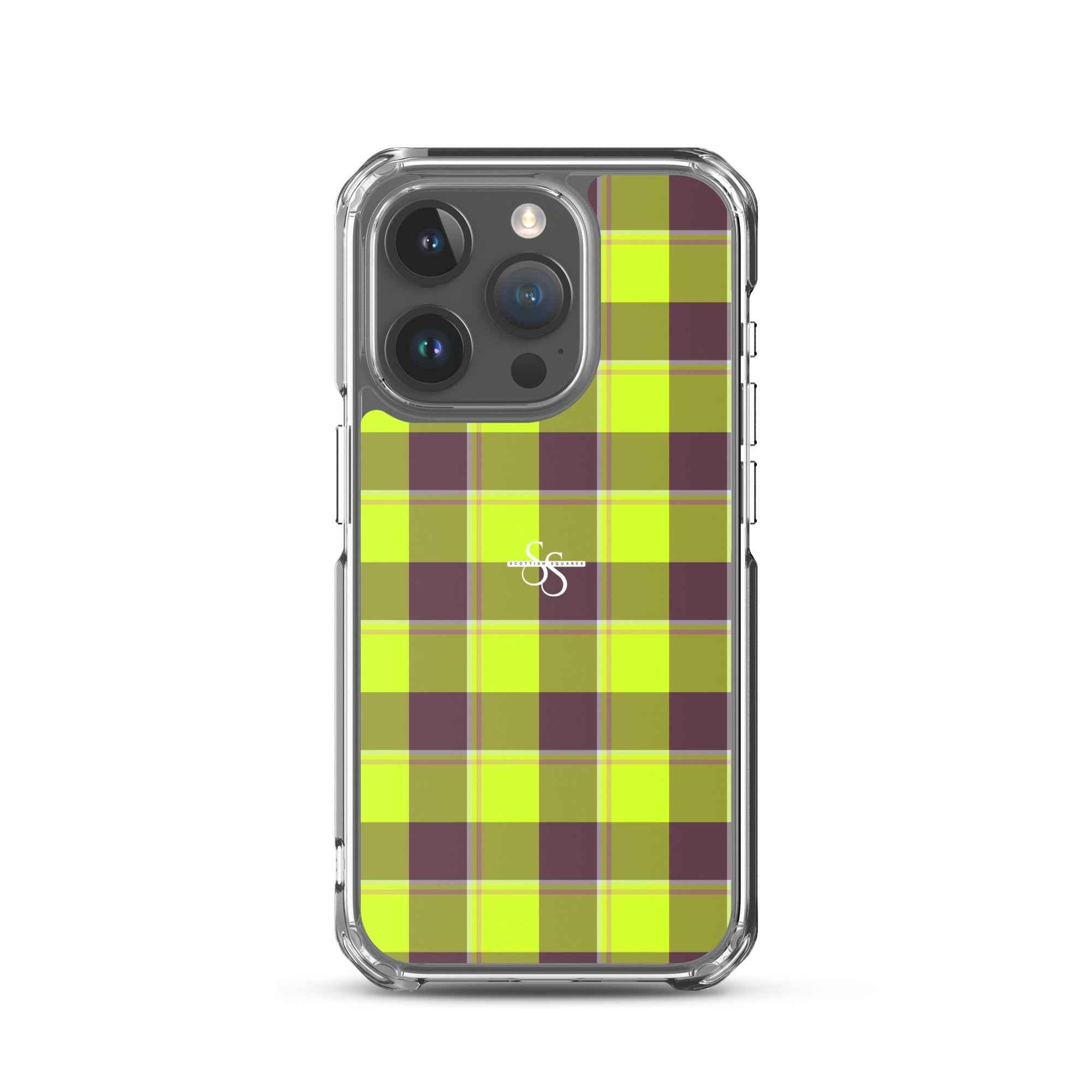 Clear Case for iPhone Electric Lime and Livid Brown Plaid iPhone 15 Pro - Scottish Squares