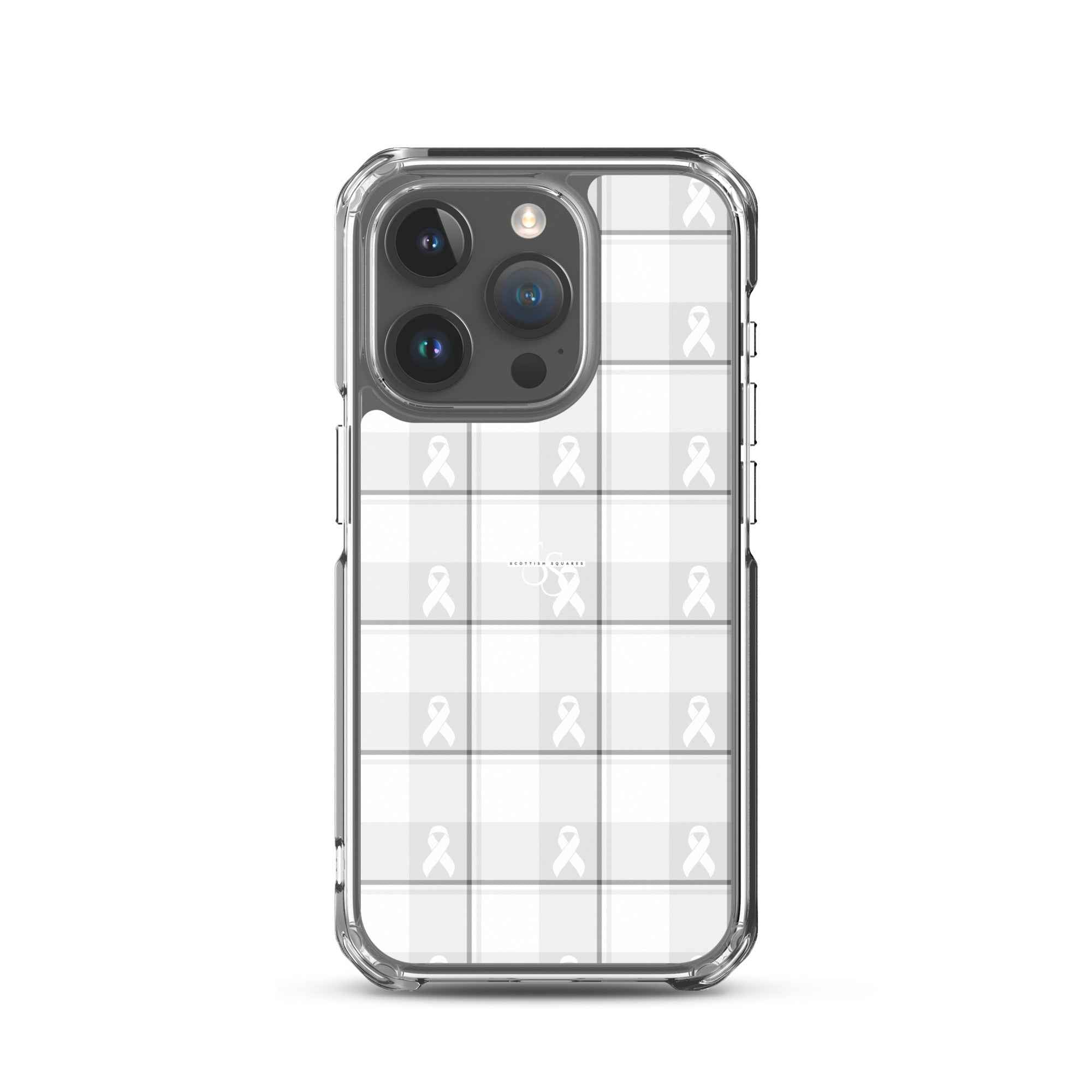 Clear Case for iPhone Lung Cancer Awareness Plaid, White Ribbon, Supportive Gift iPhone 15 Pro - Scottish Squares