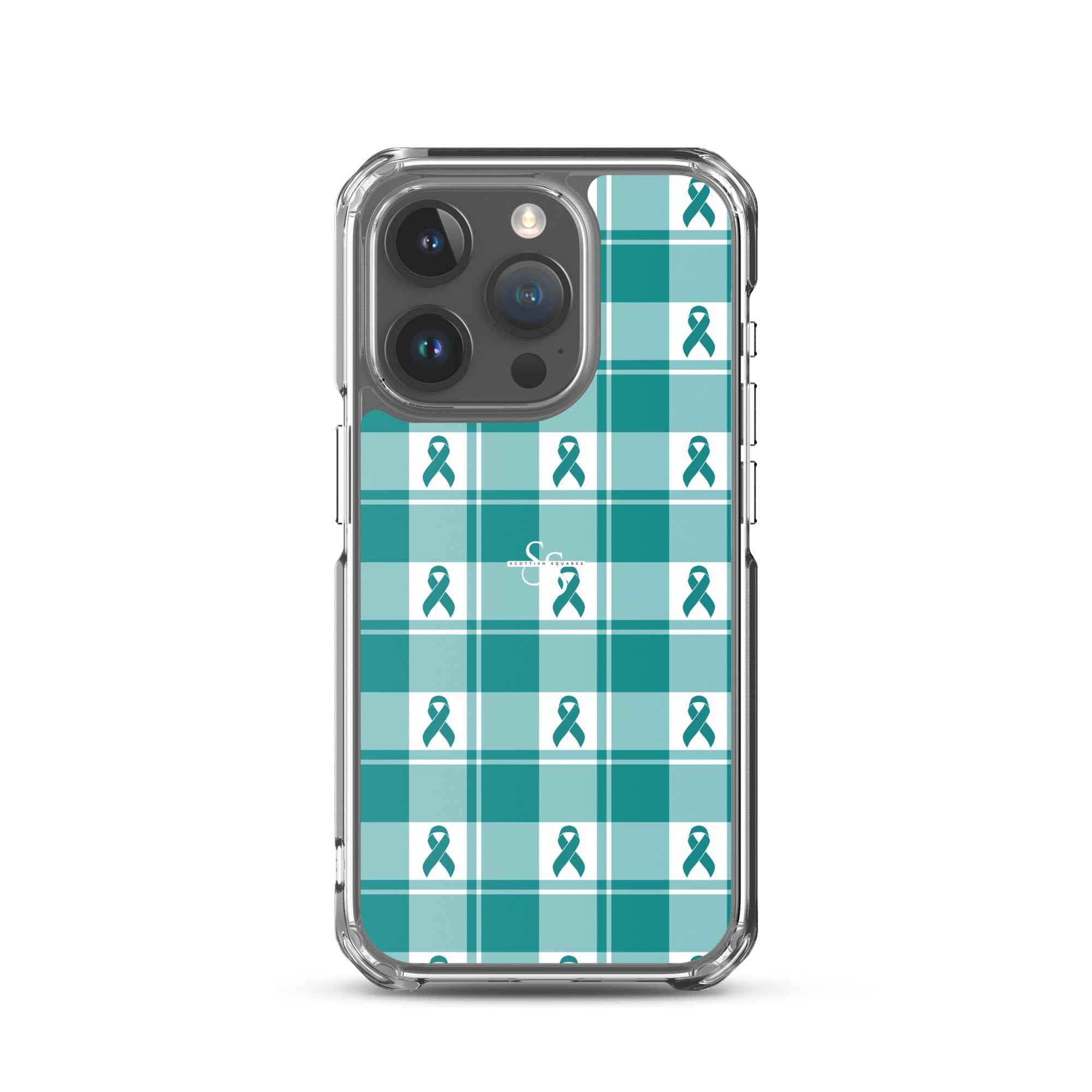 Clear Case for iPhone Cervical Cancer Awareness Plaid, Teal Ribbon, Supportive Gift iPhone 15 Pro - Scottish Squares