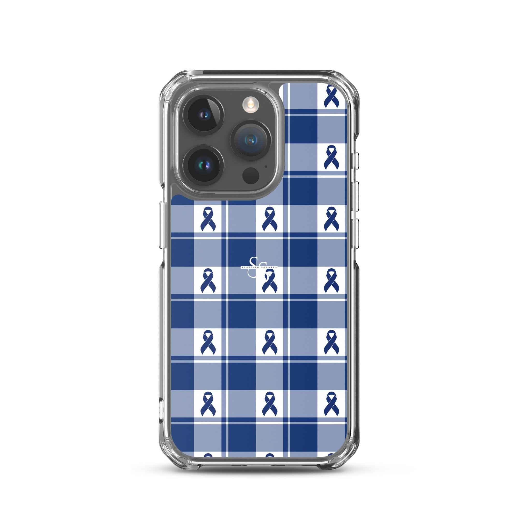 Clear Case for iPhone Colorectal Cancer Awareness Plaid, Dark Blue Ribbon, Supportive Gift iPhone 15 Pro - Scottish Squares