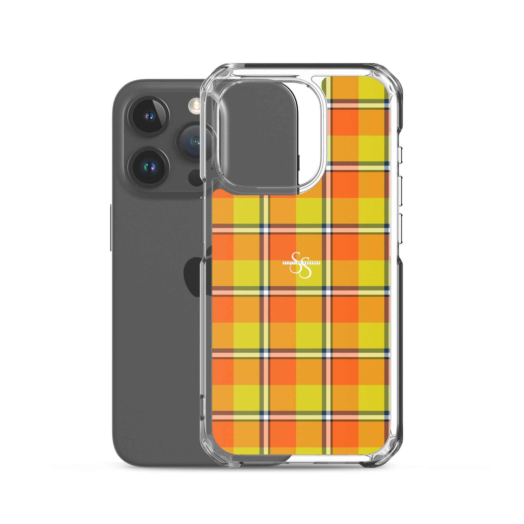 Clear Case for iPhone Blaze Orange and Bird Flower Plaid - Scottish Squares