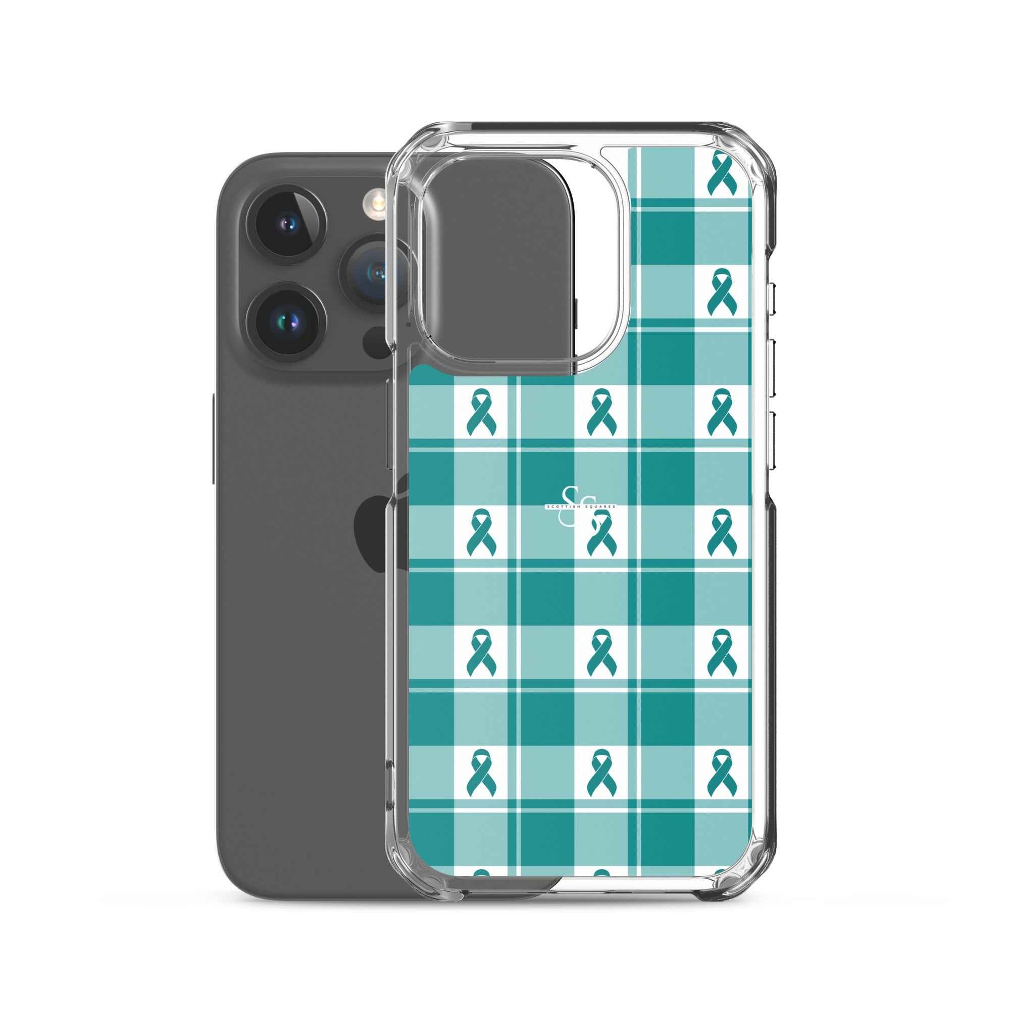 Clear Case for iPhone Cervical Cancer Awareness Plaid, Teal Ribbon, Supportive Gift - Scottish Squares