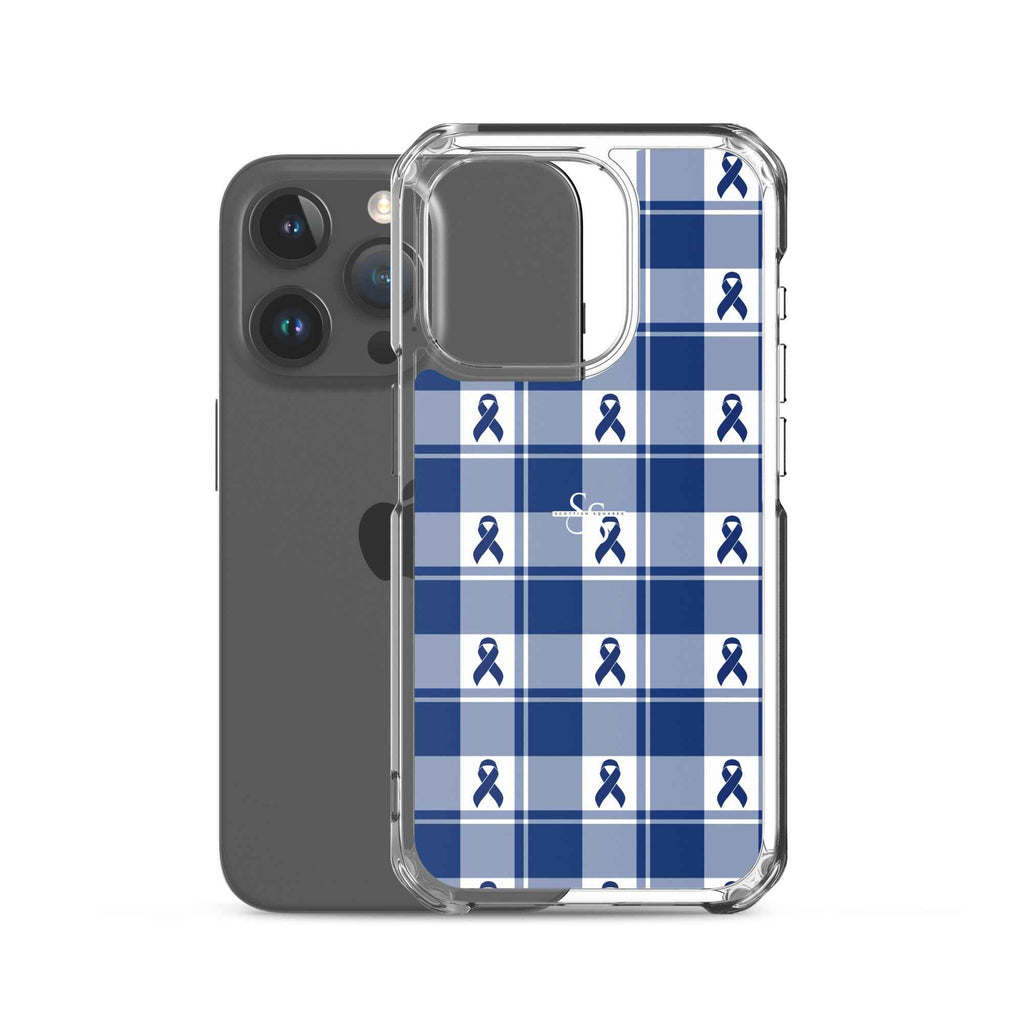 Clear Case for iPhone Colorectal Cancer Awareness Plaid, Dark Blue Ribbon, Supportive Gift - Scottish Squares