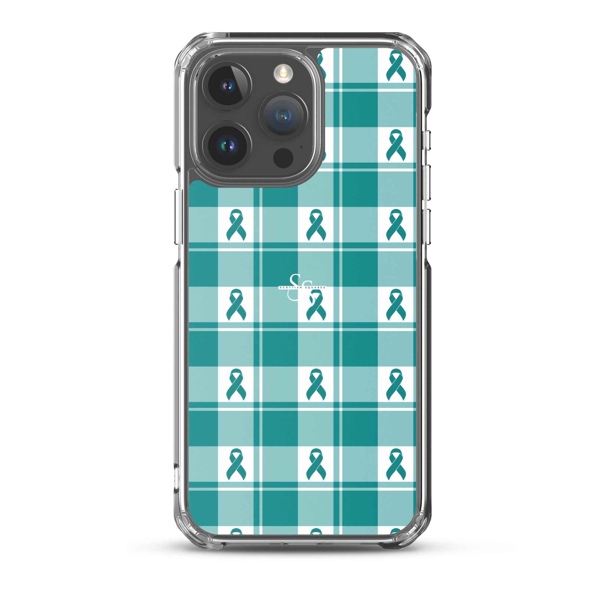 Clear Case for iPhone Cervical Cancer Awareness Plaid, Teal Ribbon, Supportive Gift iPhone 15 Pro Max - Scottish Squares