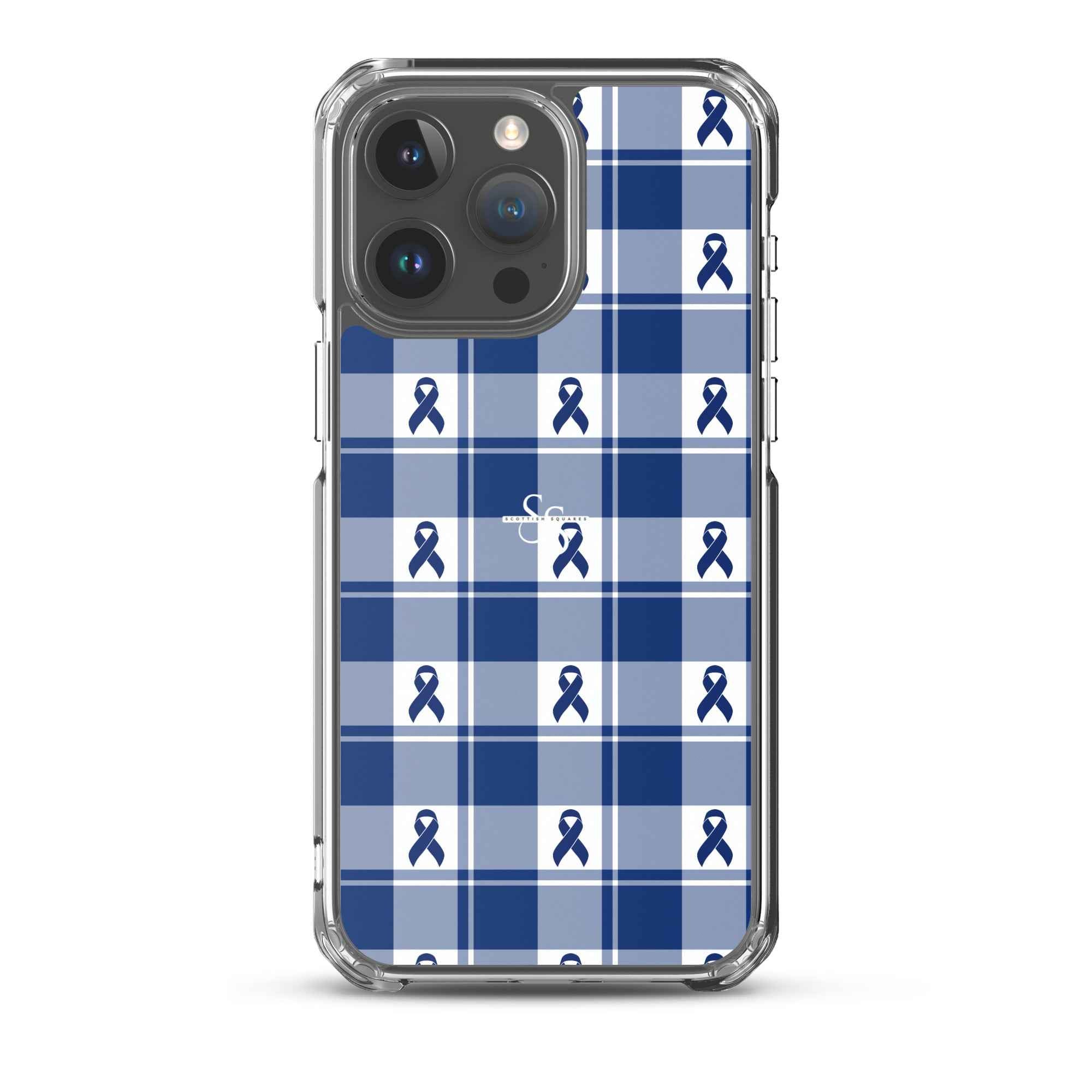 Clear Case for iPhone Colorectal Cancer Awareness Plaid, Dark Blue Ribbon, Supportive Gift iPhone 15 Pro Max - Scottish Squares