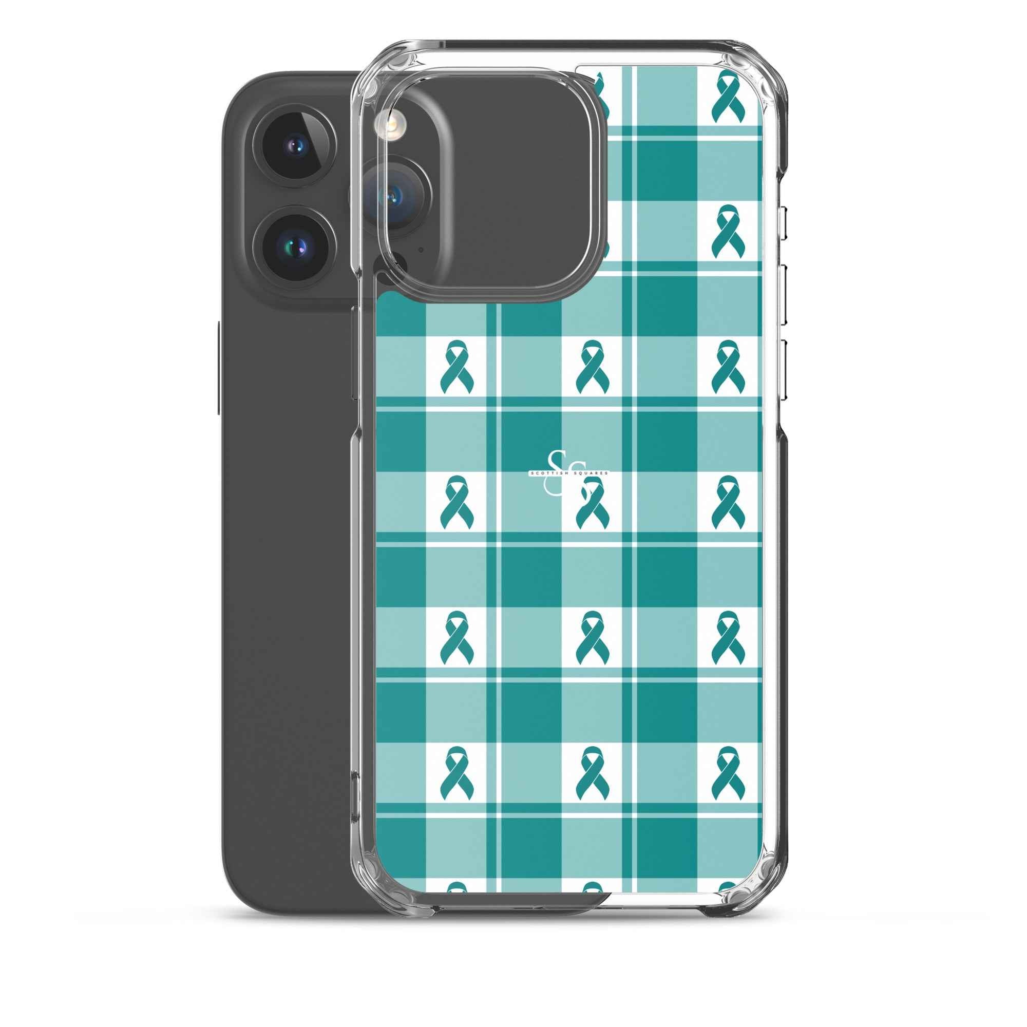 Clear Case for iPhone Cervical Cancer Awareness Plaid, Teal Ribbon, Supportive Gift - Scottish Squares