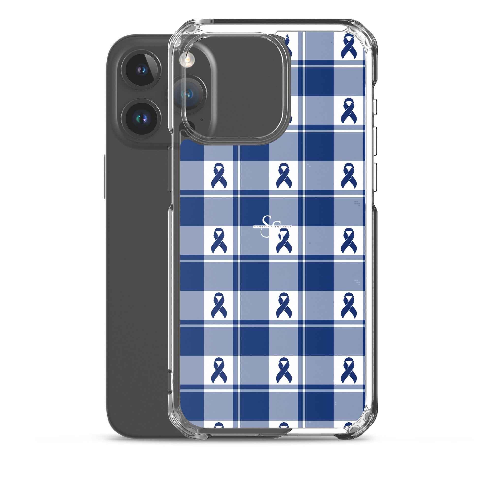 Clear Case for iPhone Colorectal Cancer Awareness Plaid, Dark Blue Ribbon, Supportive Gift - Scottish Squares