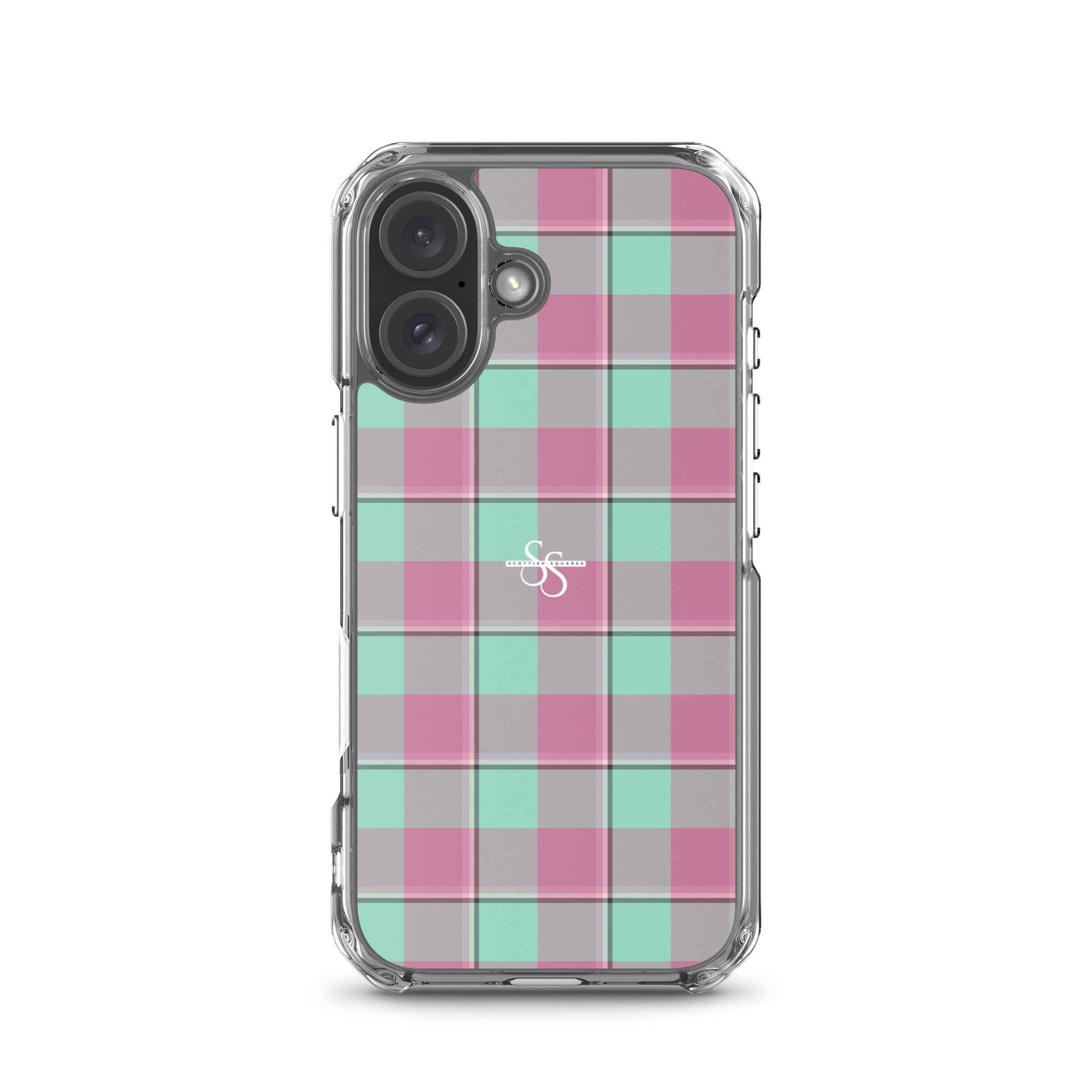 Clear Case for iPhone Vista Blue and Turkish Rose Plaid iPhone 16 - Scottish Squares