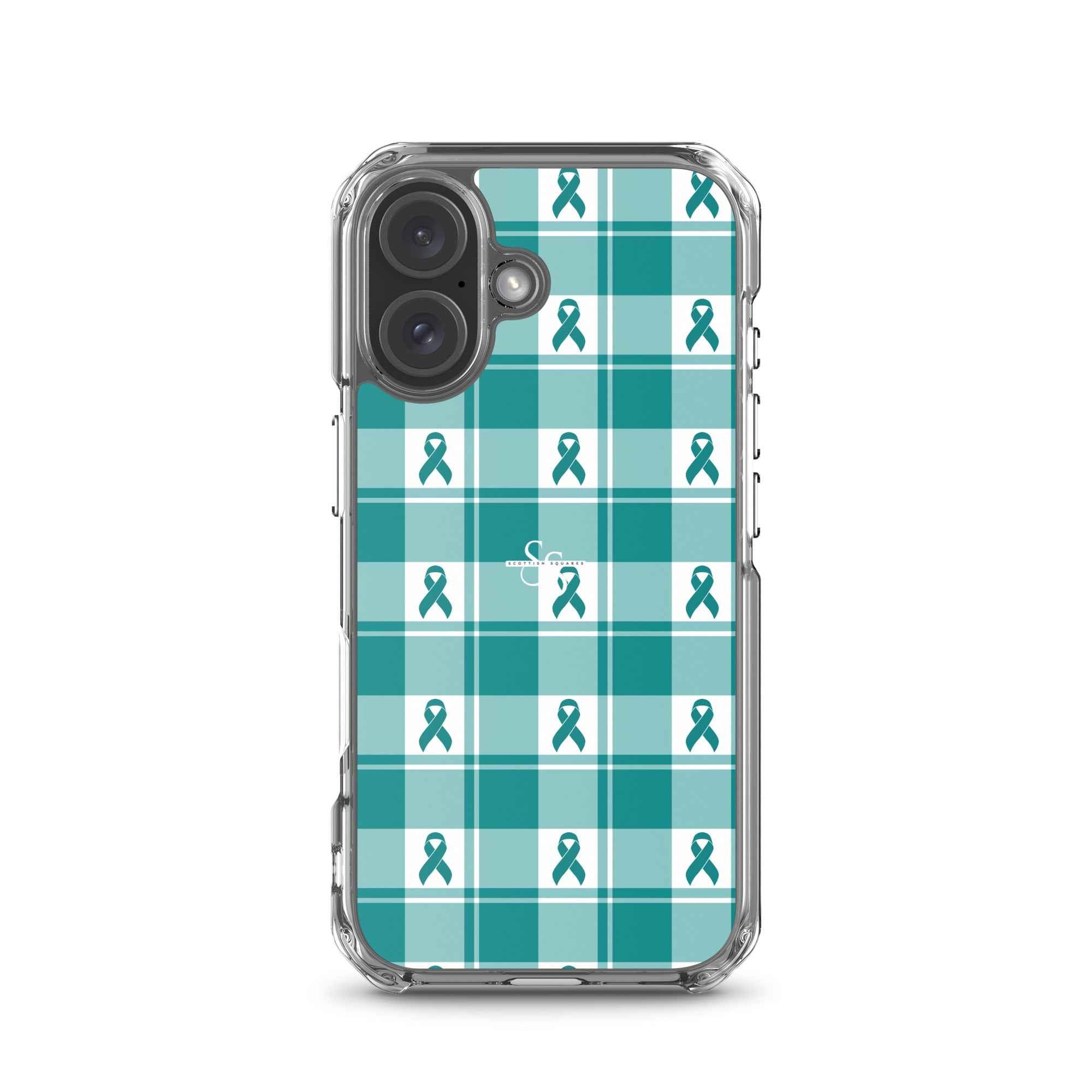 Clear Case for iPhone Cervical Cancer Awareness Plaid, Teal Ribbon, Supportive Gift iPhone 16 - Scottish Squares