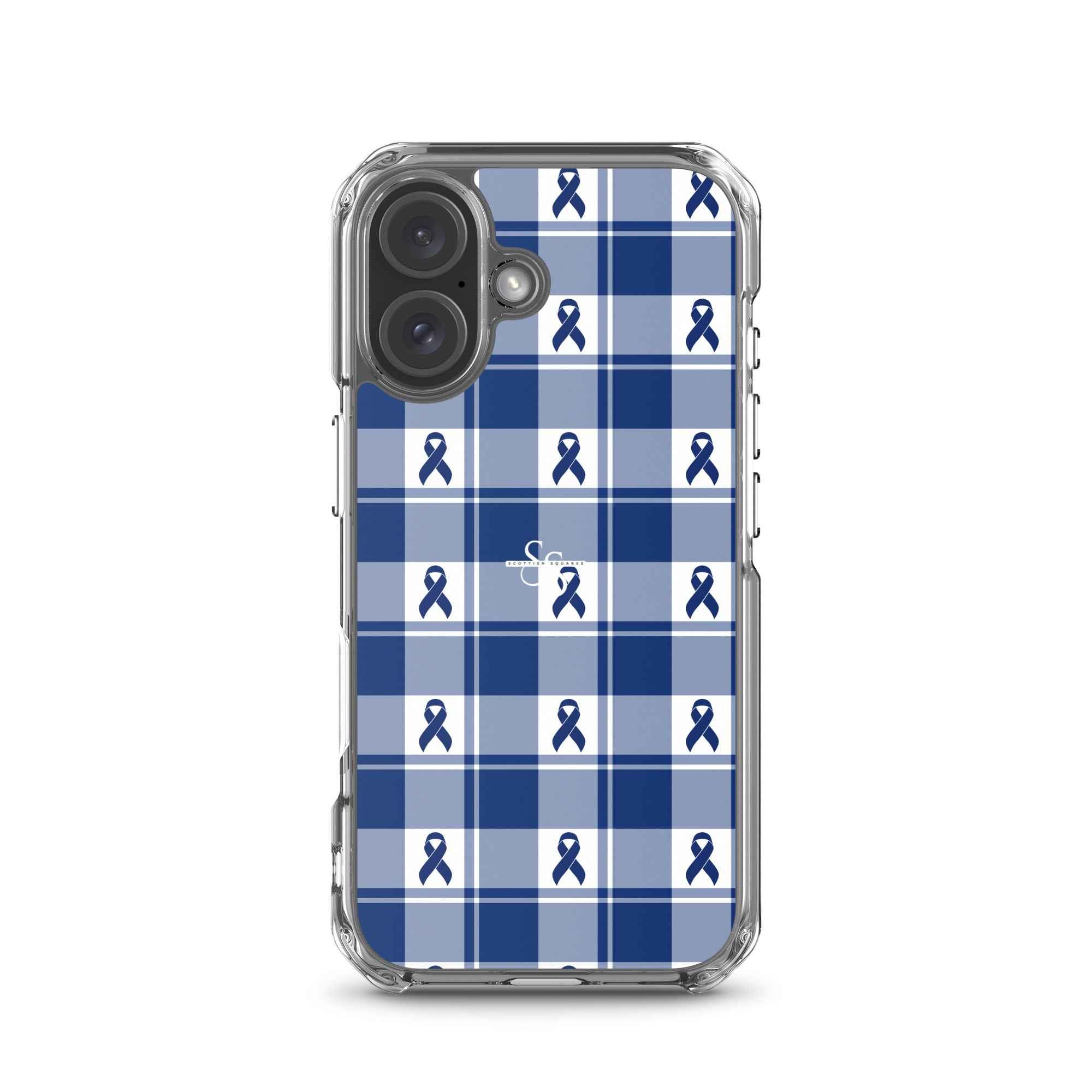 Clear Case for iPhone Colorectal Cancer Awareness Plaid, Dark Blue Ribbon, Supportive Gift iPhone 16 - Scottish Squares