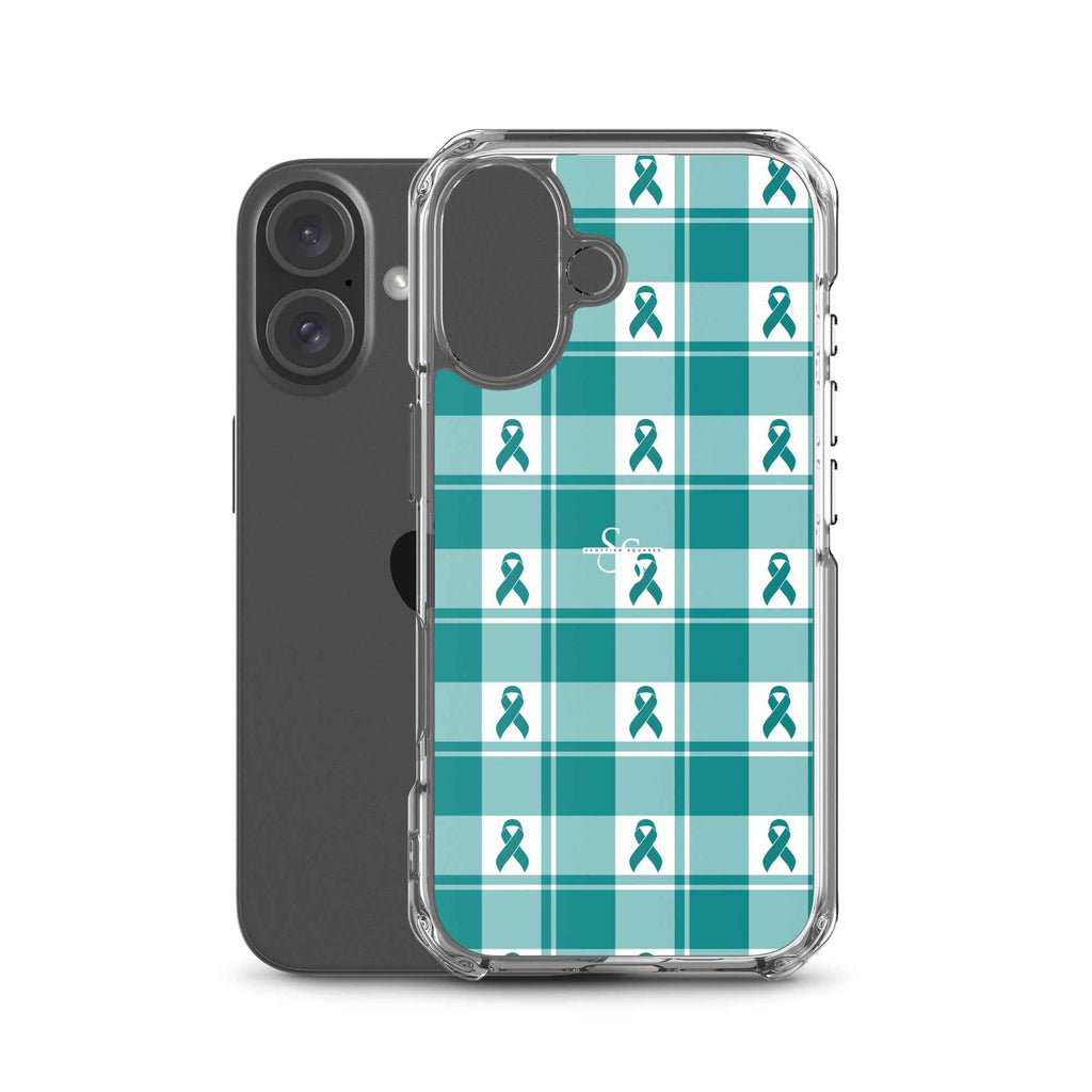 Clear Case for iPhone Cervical Cancer Awareness Plaid, Teal Ribbon, Supportive Gift - Scottish Squares