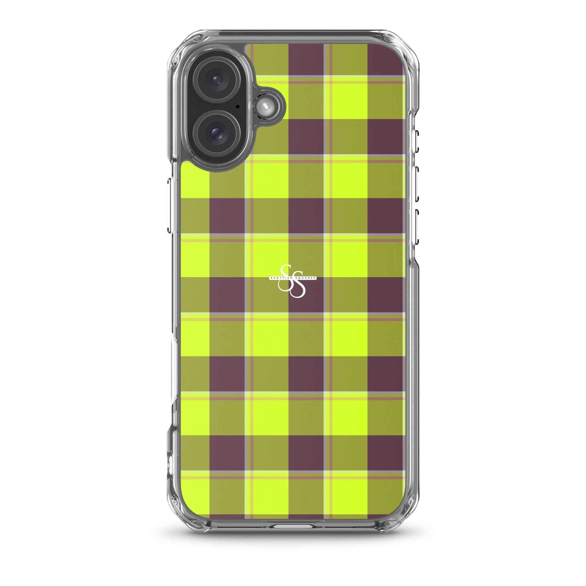 Clear Case for iPhone Electric Lime and Livid Brown Plaid iPhone 16 Plus - Scottish Squares