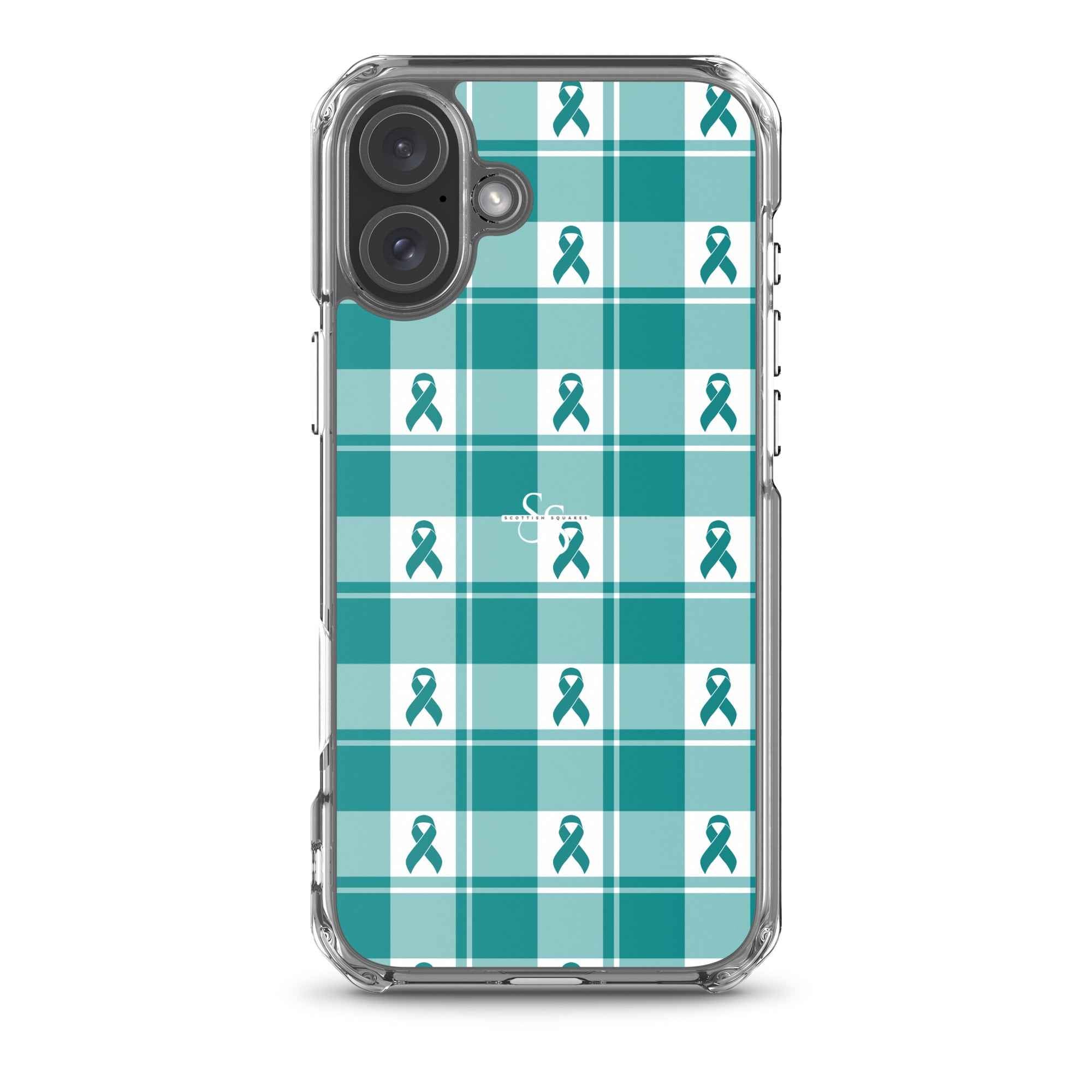 Clear Case for iPhone Cervical Cancer Awareness Plaid, Teal Ribbon, Supportive Gift iPhone 16 Plus - Scottish Squares