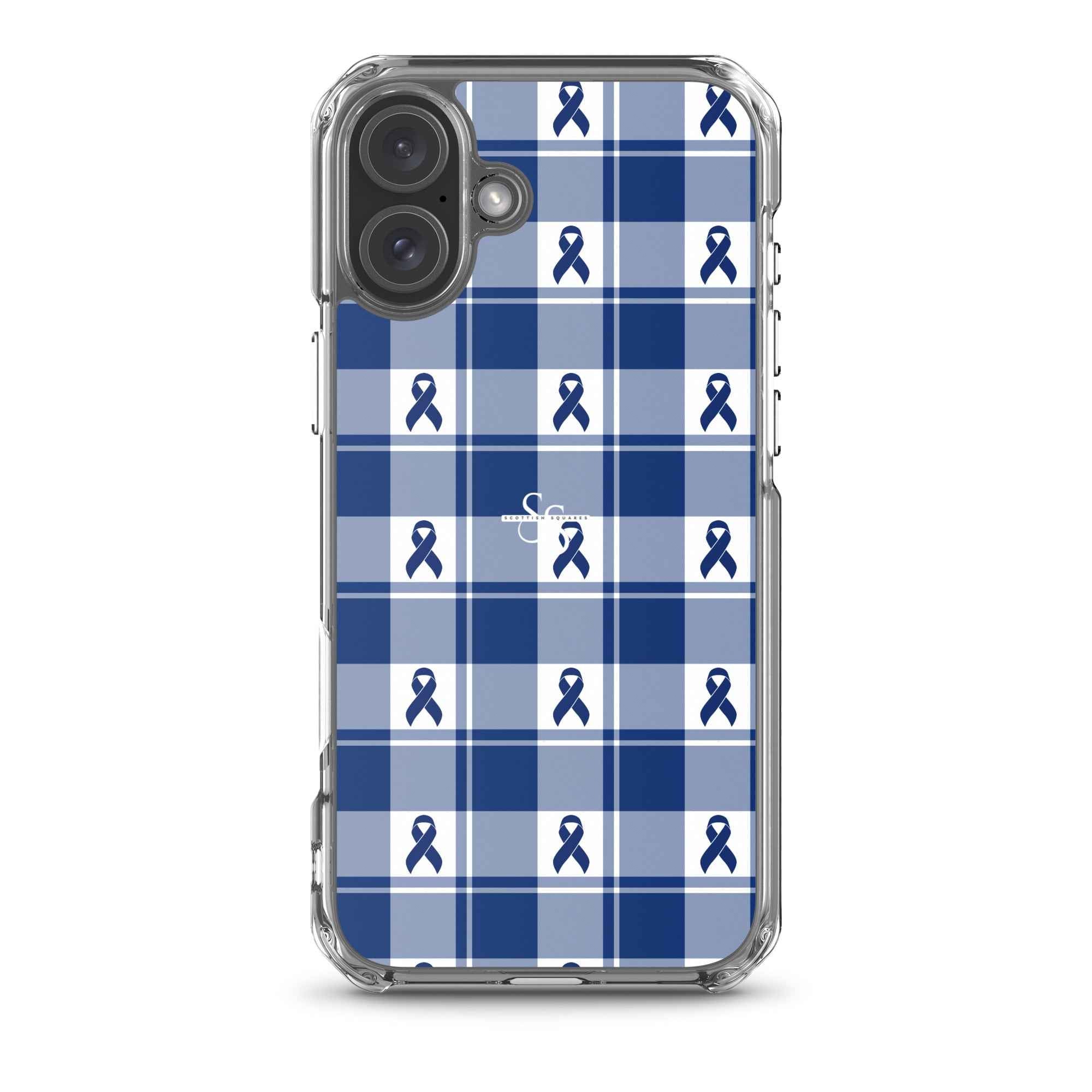 Clear Case for iPhone Colorectal Cancer Awareness Plaid, Dark Blue Ribbon, Supportive Gift iPhone 16 Plus - Scottish Squares