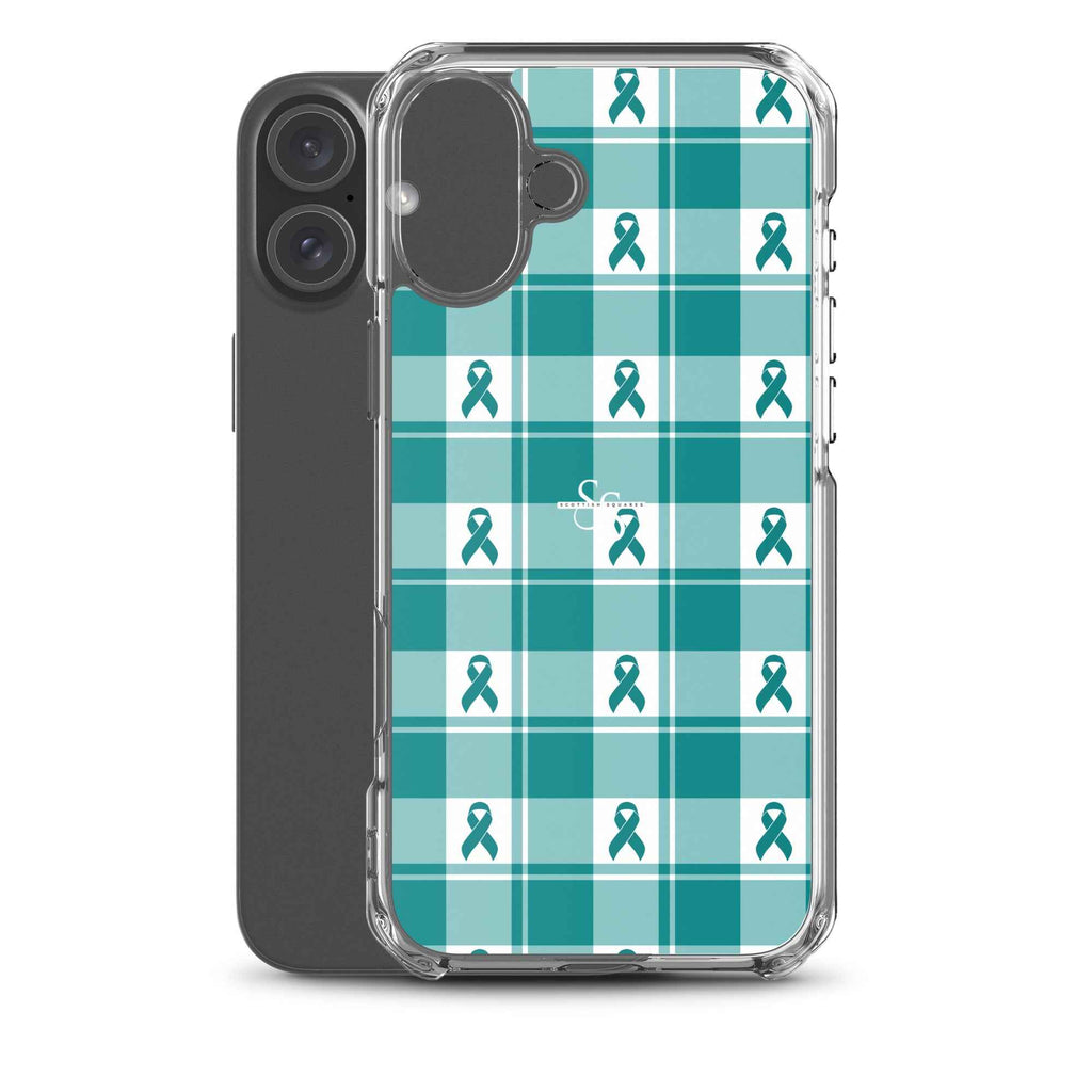 Clear Case for iPhone Cervical Cancer Awareness Plaid, Teal Ribbon, Supportive Gift - Scottish Squares