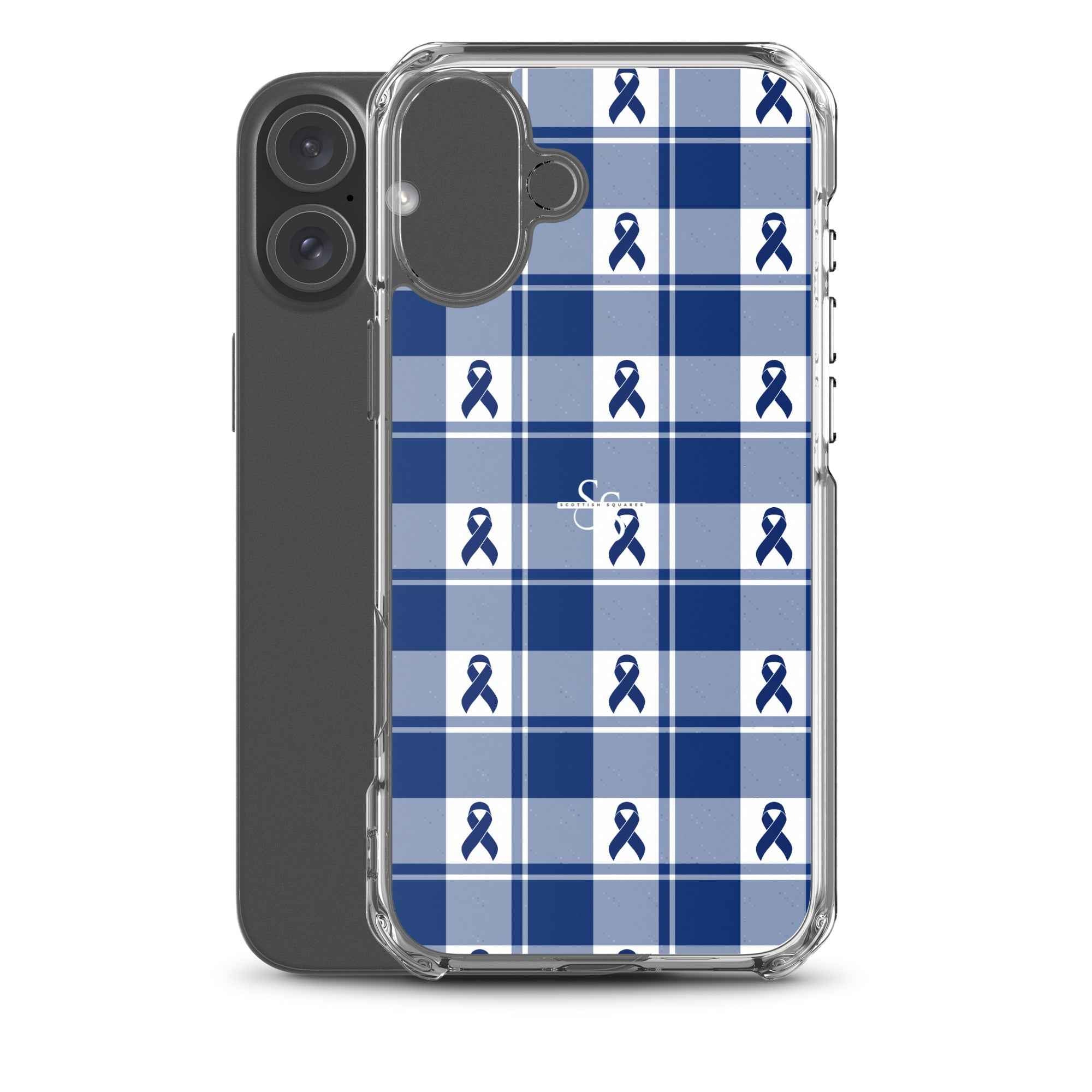 Clear Case for iPhone Colorectal Cancer Awareness Plaid, Dark Blue Ribbon, Supportive Gift - Scottish Squares