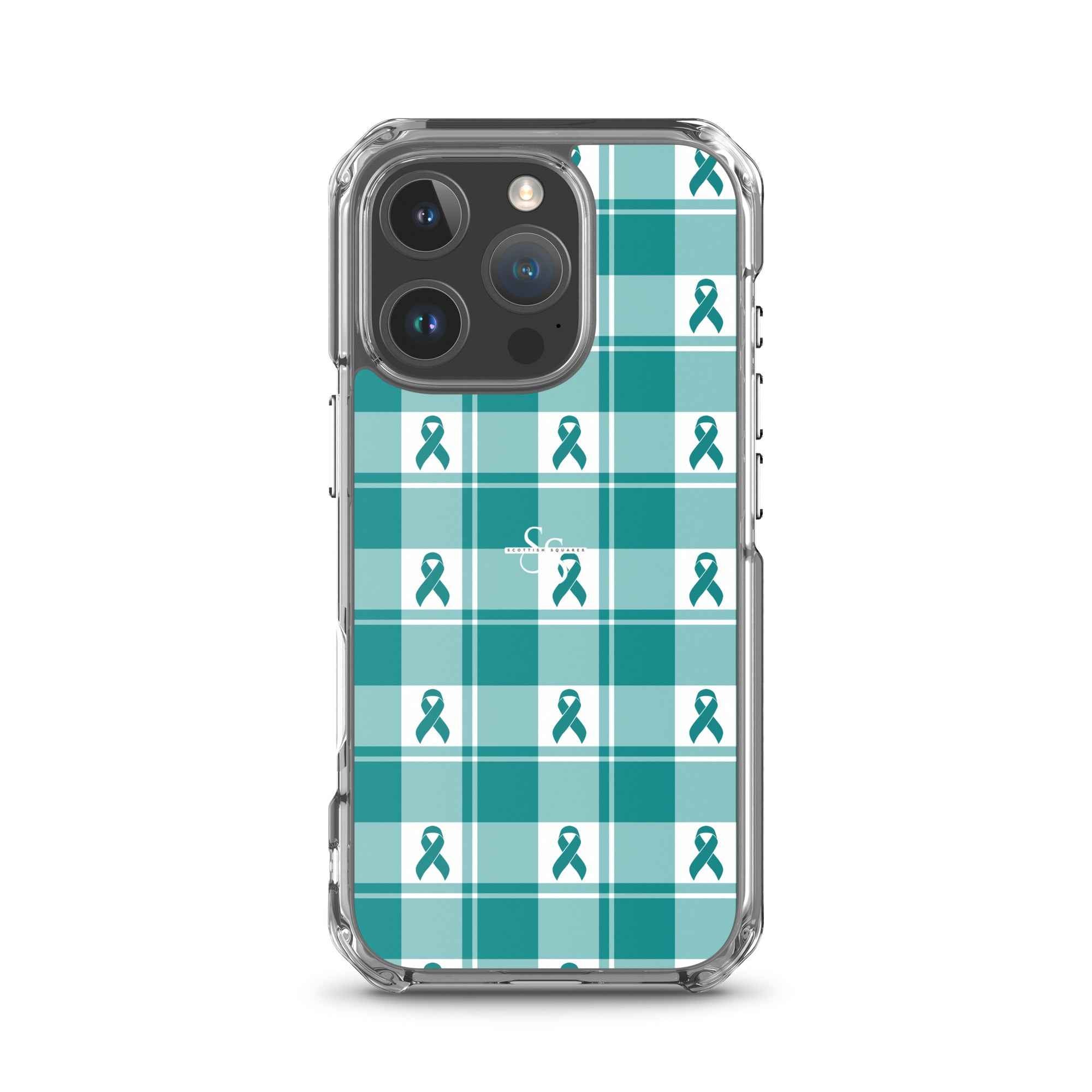 Clear Case for iPhone Cervical Cancer Awareness Plaid, Teal Ribbon, Supportive Gift iPhone 16 Pro - Scottish Squares