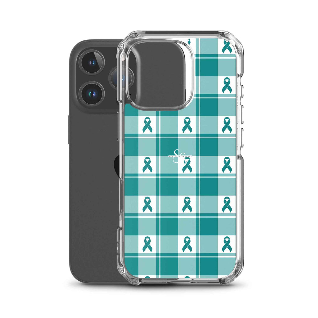Clear Case for iPhone Cervical Cancer Awareness Plaid, Teal Ribbon, Supportive Gift - Scottish Squares