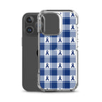 Clear Case for iPhone Colorectal Cancer Awareness Plaid, Dark Blue Ribbon, Supportive Gift - Scottish Squares