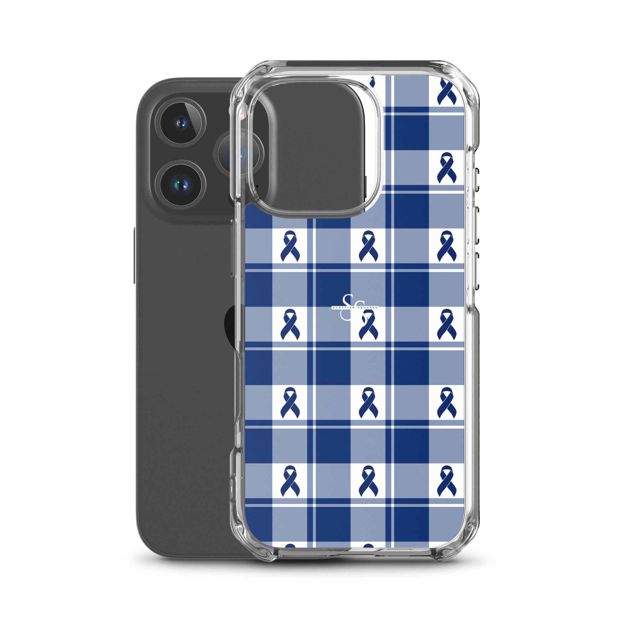 Clear Case for iPhone Colorectal Cancer Awareness Plaid, Dark Blue Ribbon, Supportive Gift - Scottish Squares