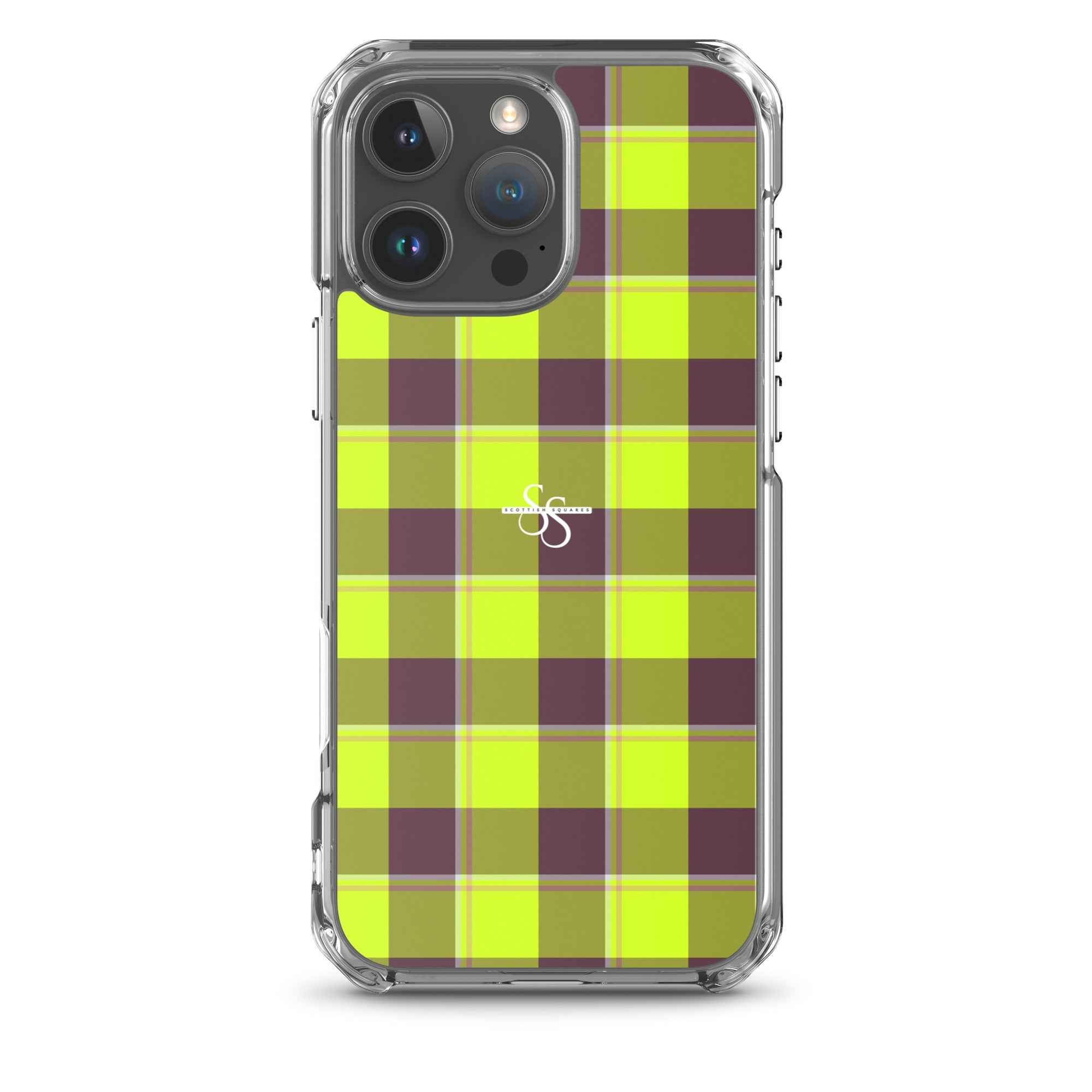 Clear Case for iPhone Electric Lime and Livid Brown Plaid iPhone 16 Pro Max - Scottish Squares