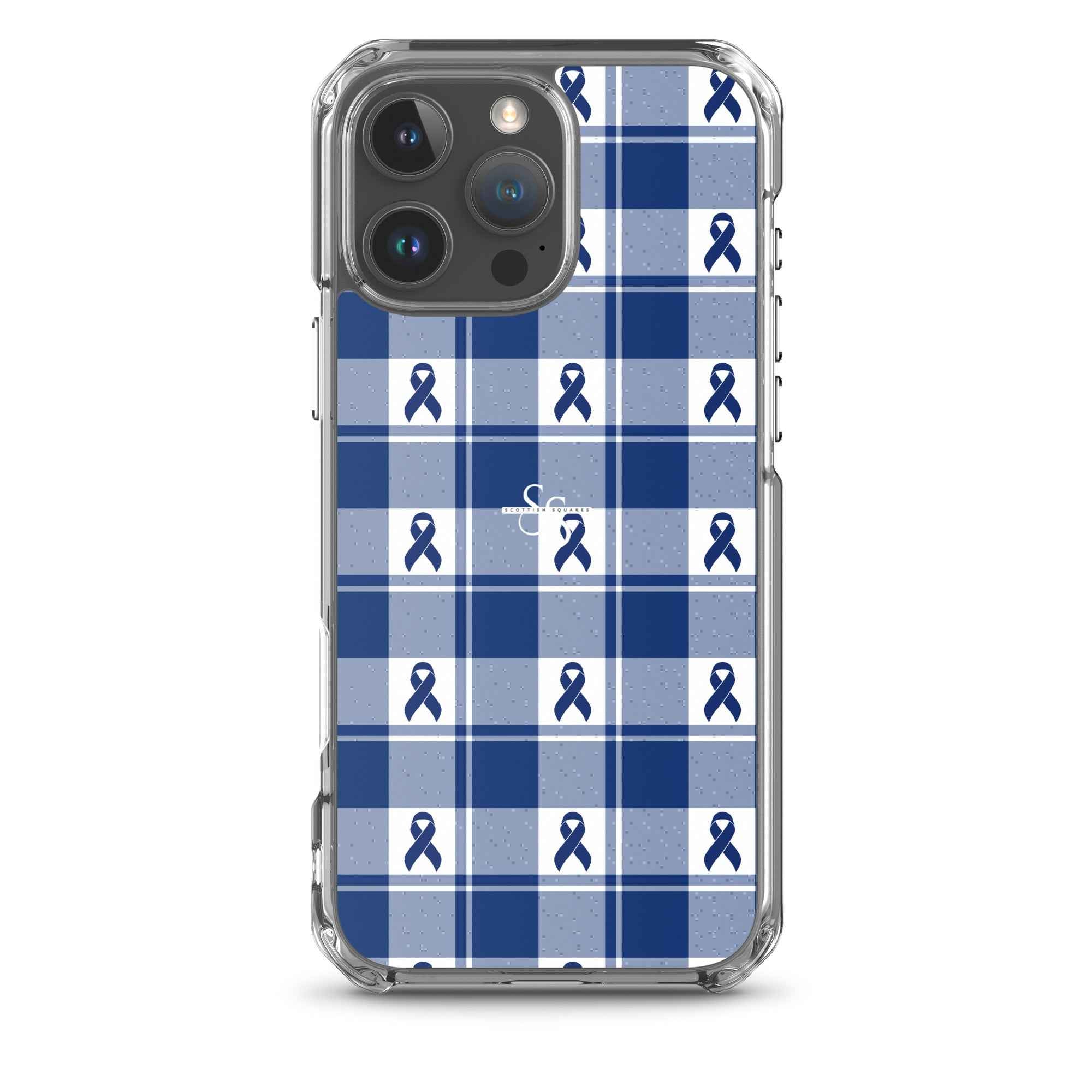 Clear Case for iPhone Colorectal Cancer Awareness Plaid, Dark Blue Ribbon, Supportive Gift iPhone 16 Pro Max - Scottish Squares