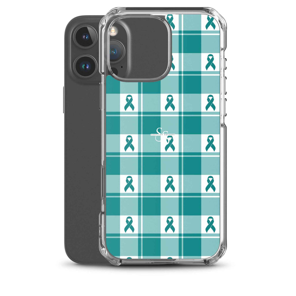 Clear Case for iPhone Cervical Cancer Awareness Plaid, Teal Ribbon, Supportive Gift - Scottish Squares