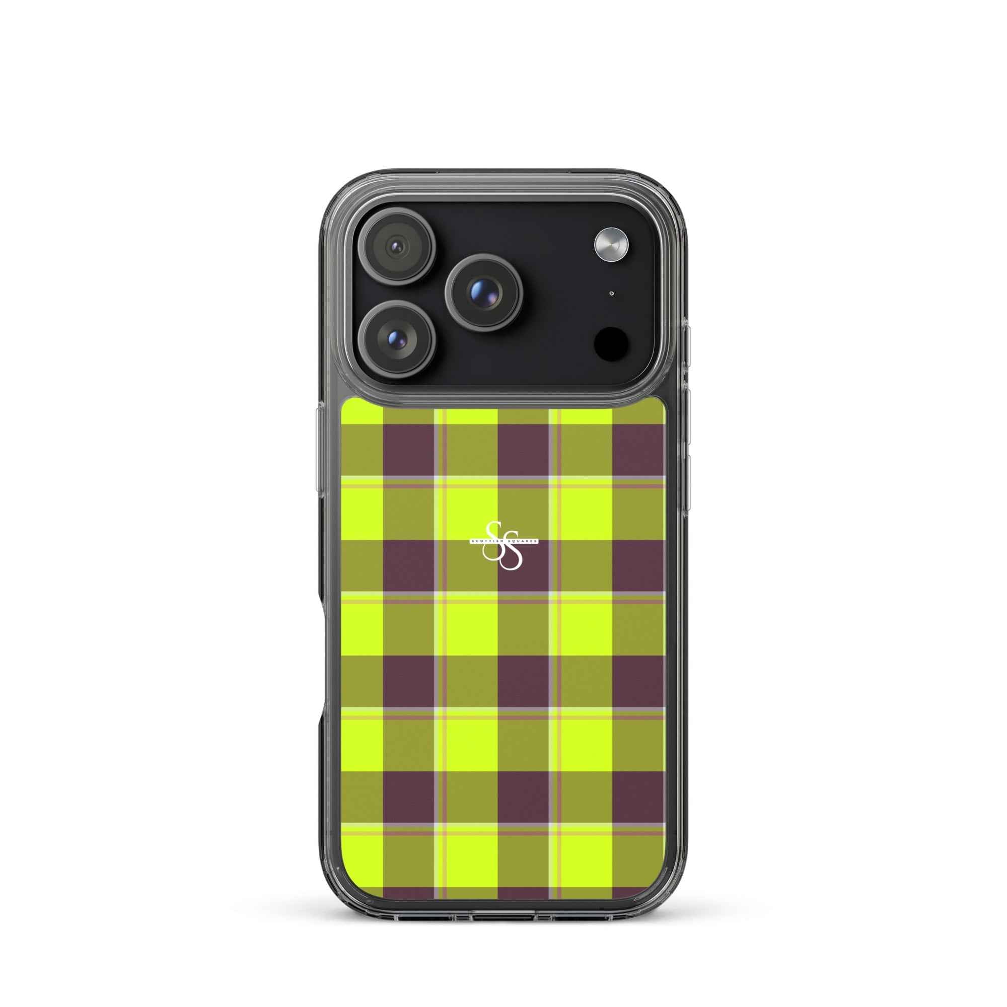 Clear Case for iPhone Electric Lime and Livid Brown Plaid iPhone 17 Pro - Scottish Squares