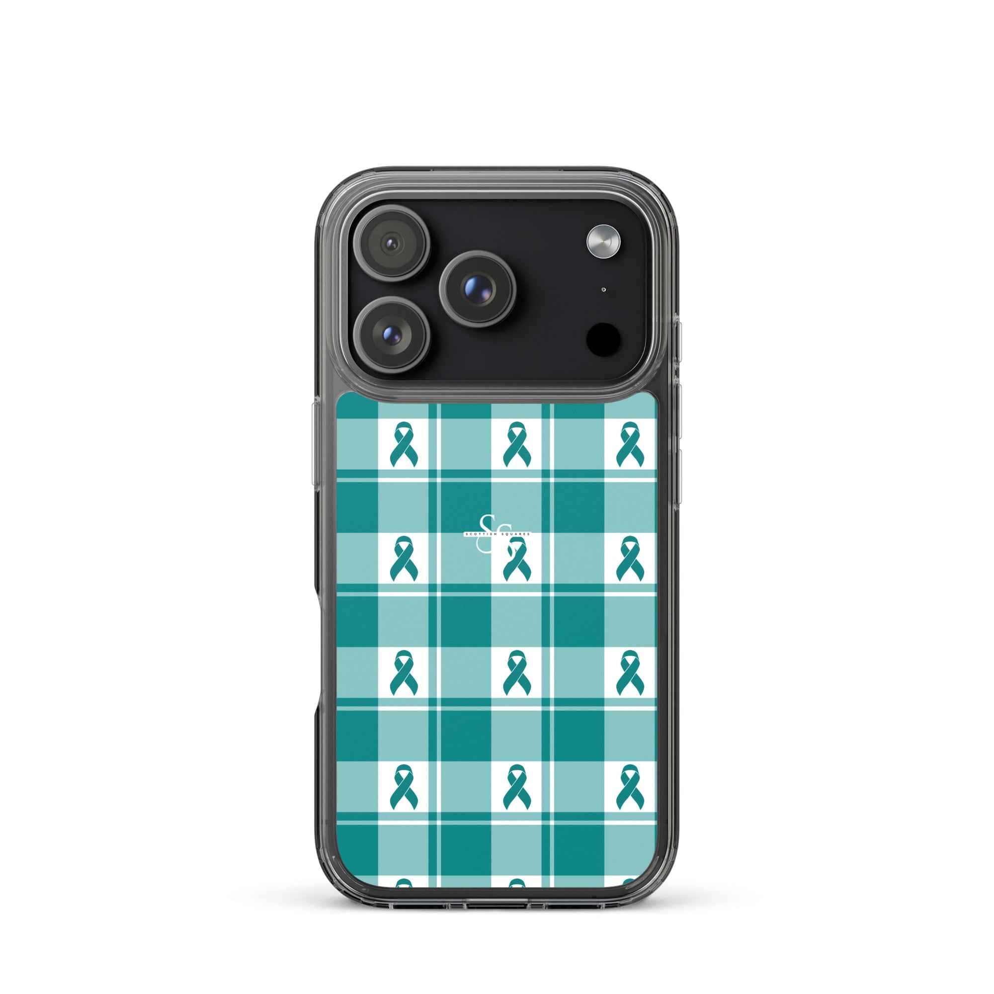 Clear Case for iPhone Cervical Cancer Awareness Plaid, Teal Ribbon, Supportive Gift iPhone 17 Pro - Scottish Squares