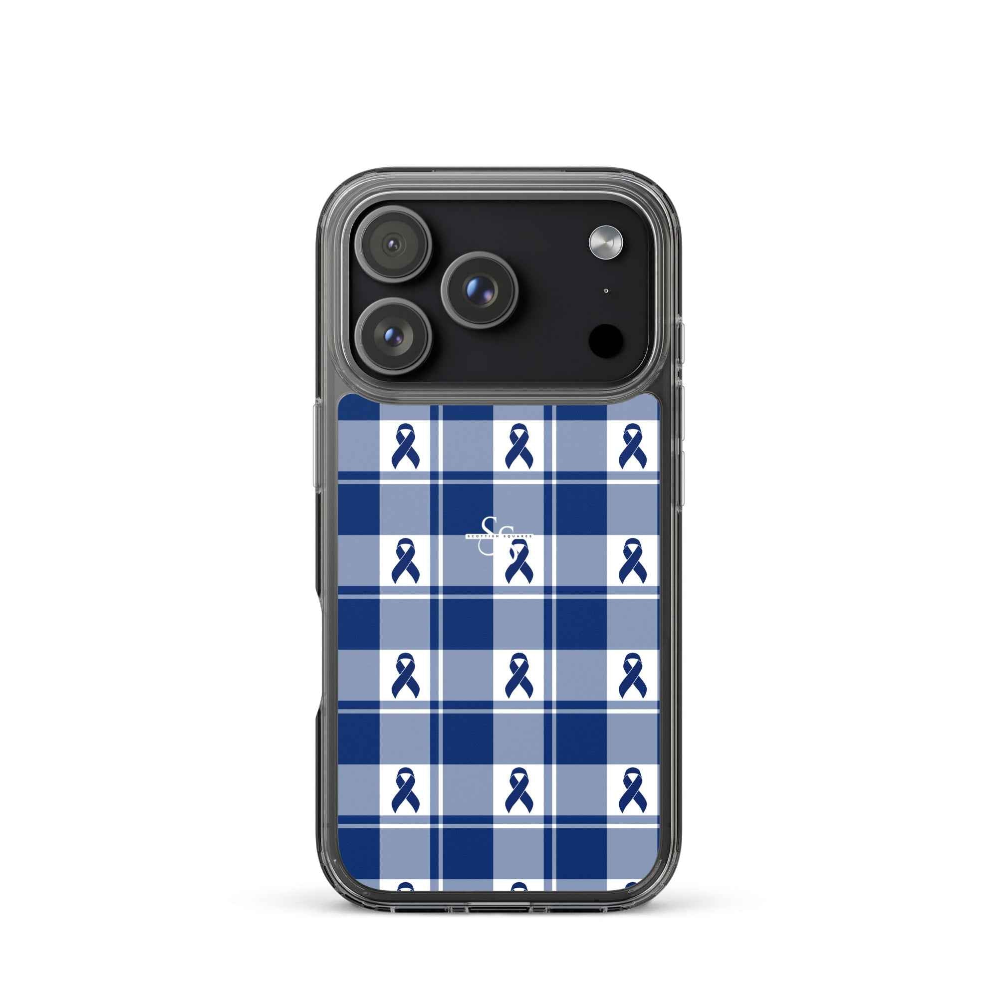 Clear Case for iPhone Colorectal Cancer Awareness Plaid, Dark Blue Ribbon, Supportive Gift iPhone 17 Pro - Scottish Squares