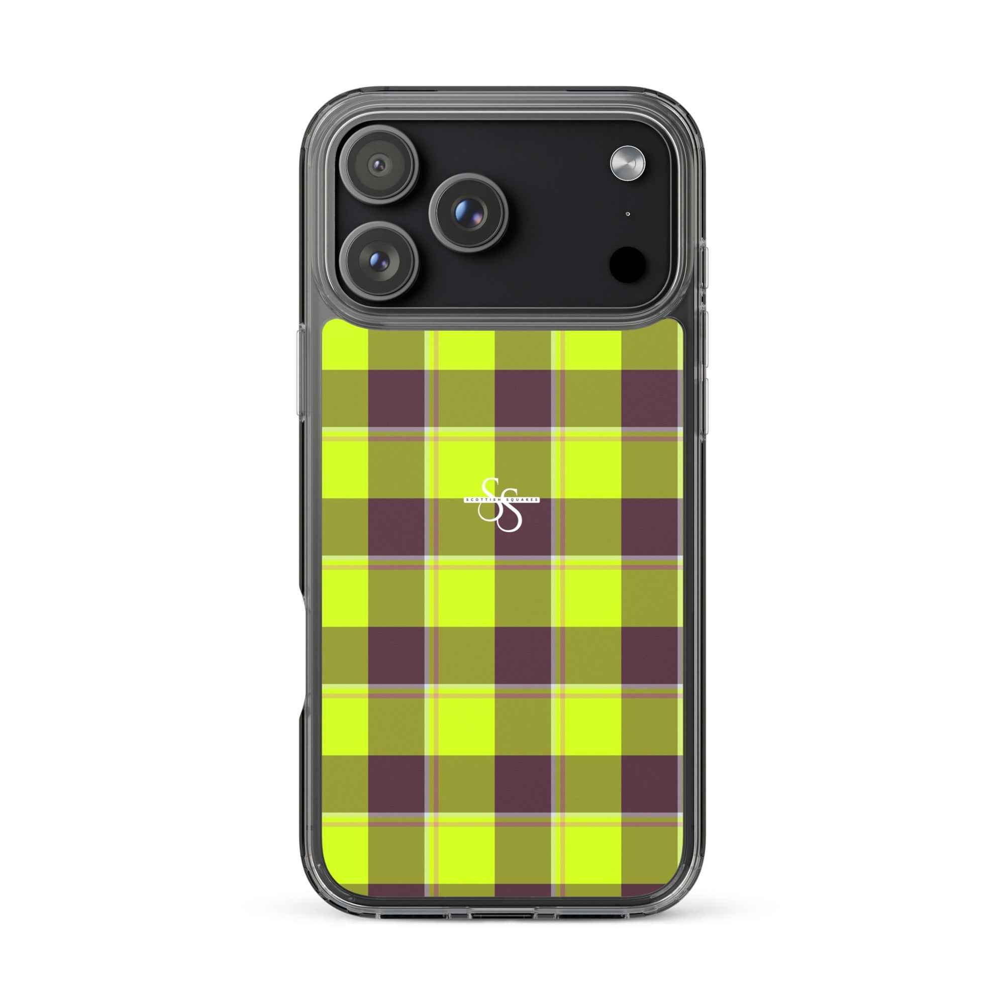 Clear Case for iPhone Electric Lime and Livid Brown Plaid iPhone 17 Pro Max - Scottish Squares