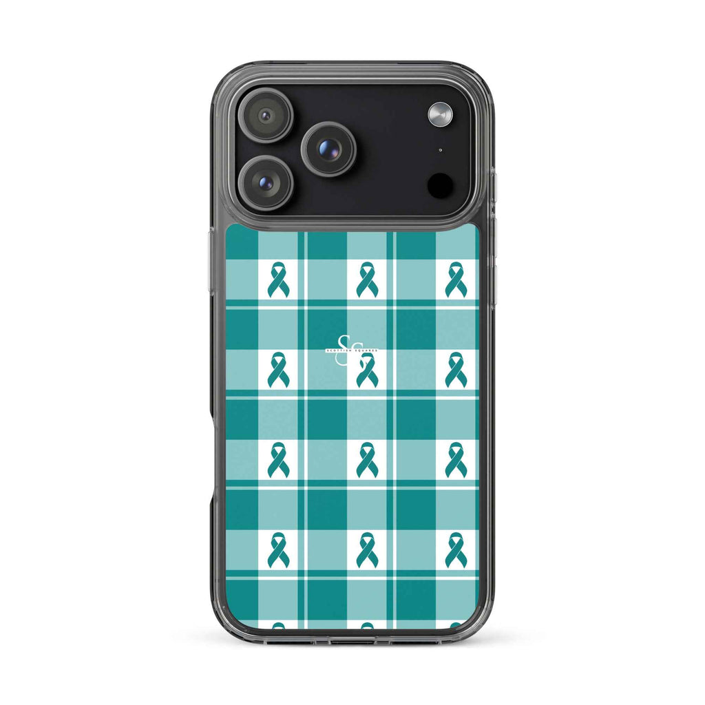 Clear Case for iPhone Cervical Cancer Awareness Plaid, Teal Ribbon, Supportive Gift iPhone 17 Pro Max - Scottish Squares
