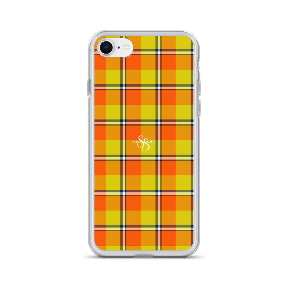 Clear Case for iPhone Blaze Orange and Bird Flower Plaid iPhone 7 8 - Scottish Squares