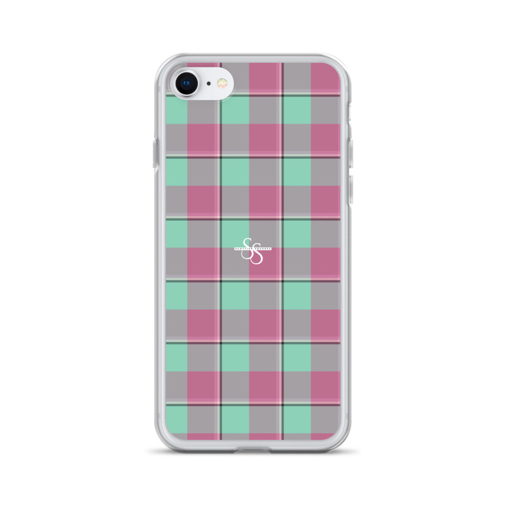 Clear Case for iPhone Vista Blue and Turkish Rose Plaid iPhone 7 8 - Scottish Squares