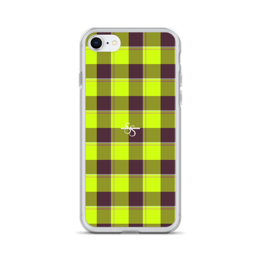 Clear Case for iPhone Electric Lime and Livid Brown Plaid iPhone 7 8 - Scottish Squares