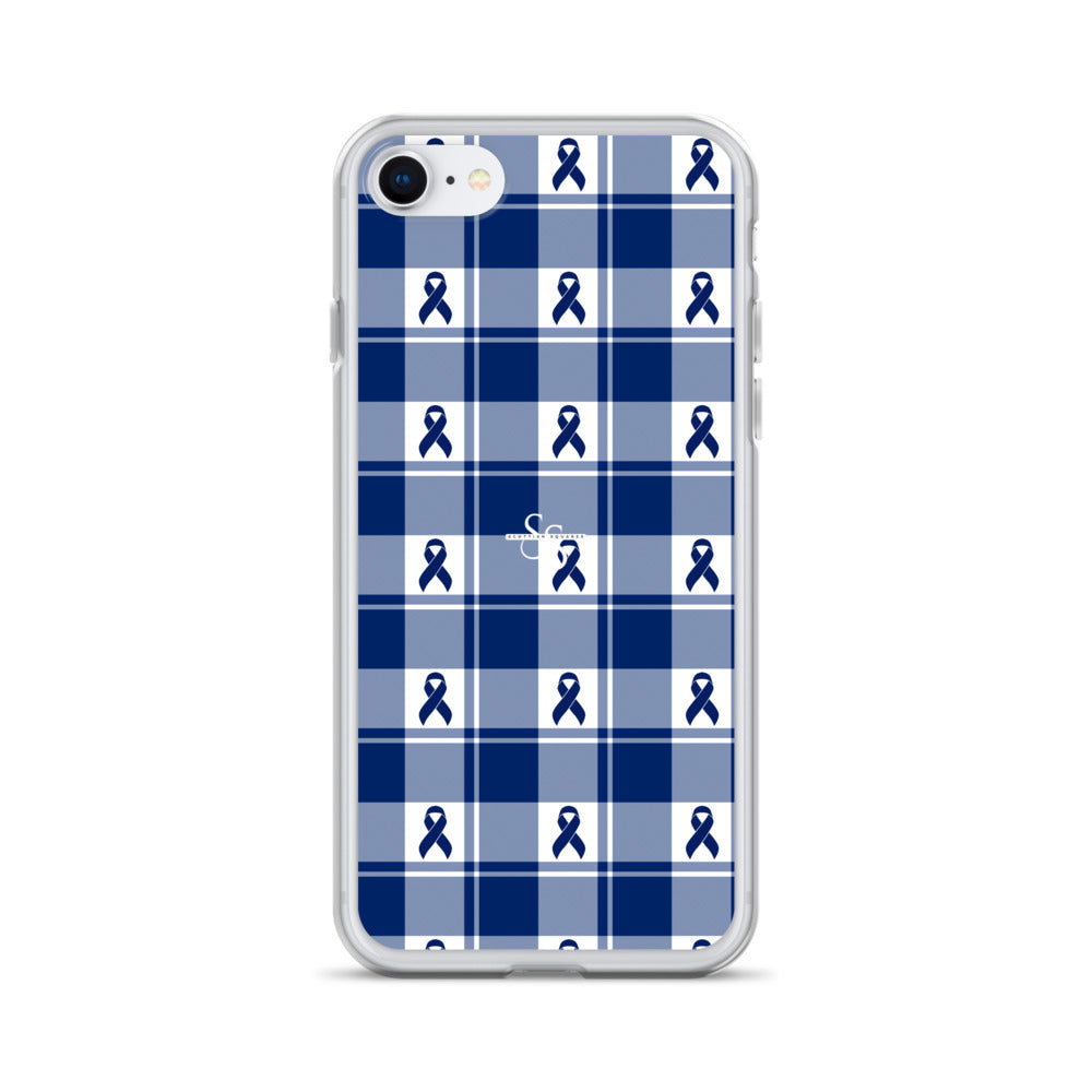 Clear Case for iPhone Colorectal Cancer Awareness Plaid, Dark Blue Ribbon, Supportive Gift iPhone 7 8 - Scottish Squares